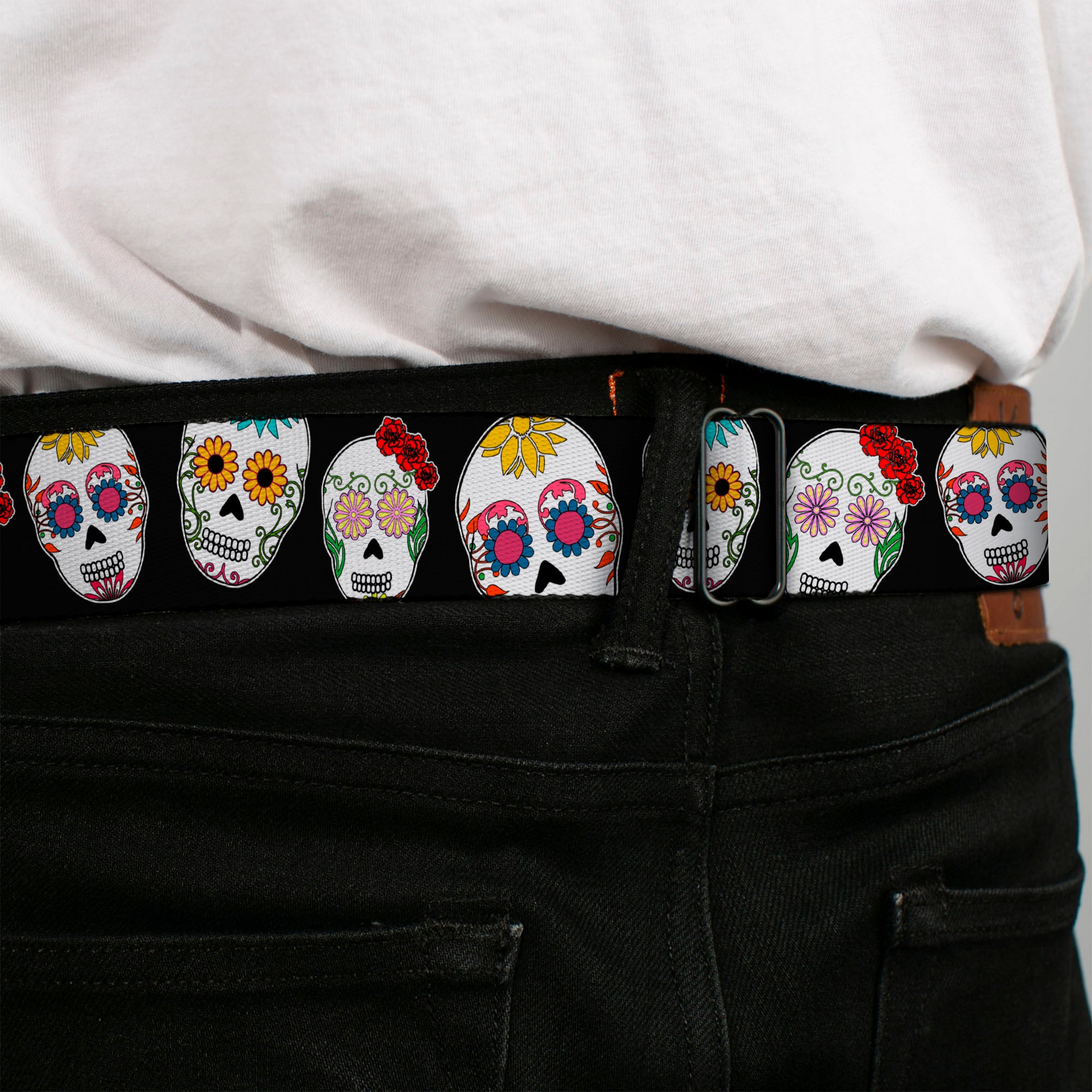 BD Wings Logo CLOSE-UP Full Color Black Silver Seatbelt Belt - Sugar Skull Outline Black/Multi Color Webbing Seatbelt Belts Buckle-Down