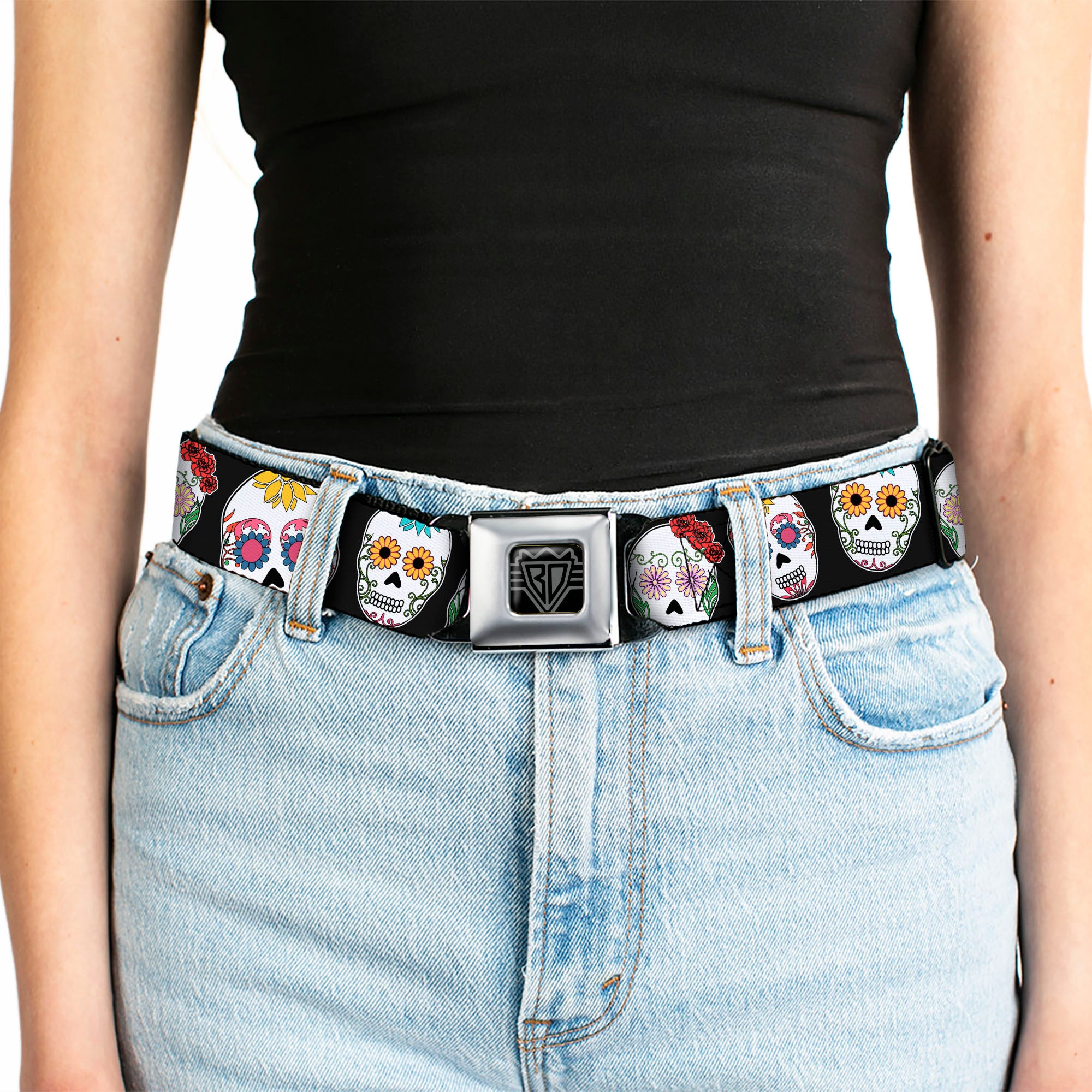 BD Wings Logo CLOSE-UP Full Color Black Silver Seatbelt Belt - Sugar Skull Outline Black/Multi Color Webbing Seatbelt Belts Buckle-Down