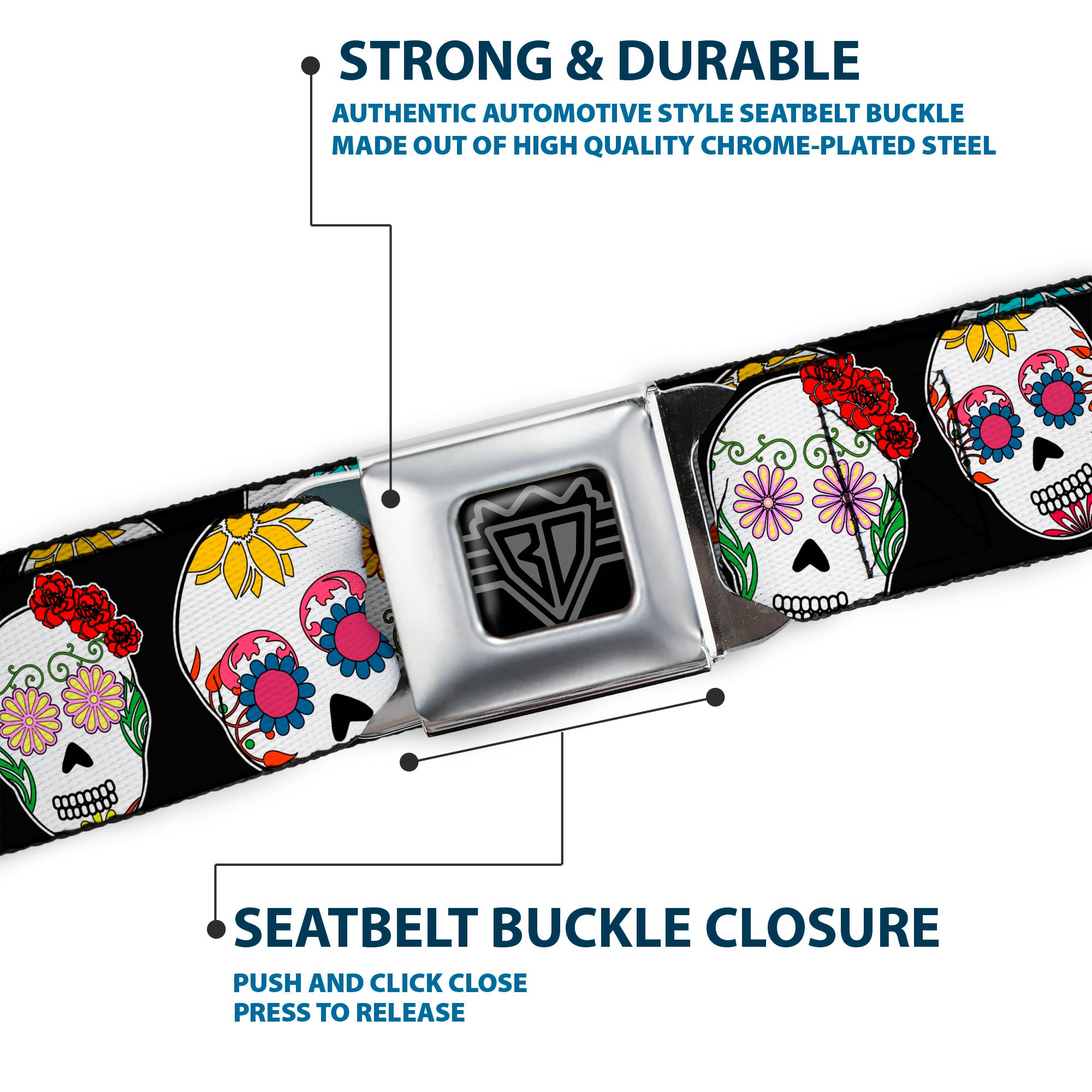 BD Wings Logo CLOSE-UP Full Color Black Silver Seatbelt Belt - Sugar Skull Outline Black/Multi Color Webbing Seatbelt Belts Buckle-Down