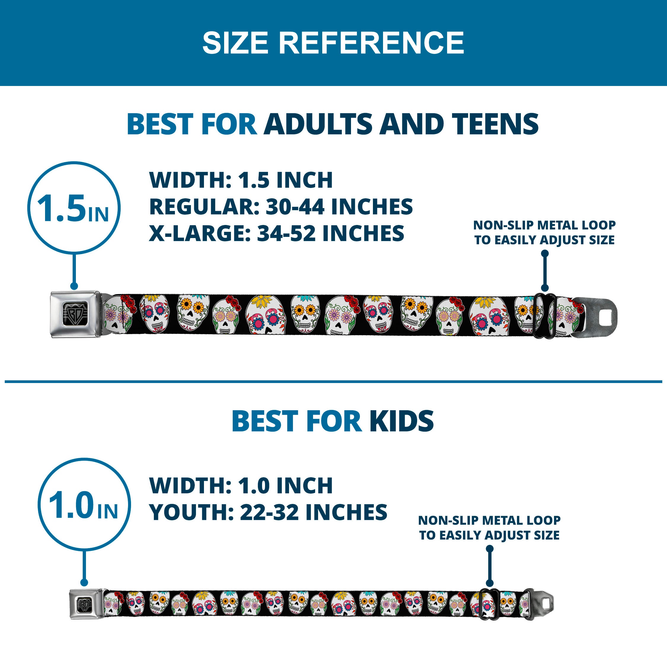 BD Wings Logo CLOSE-UP Full Color Black Silver Seatbelt Belt - Sugar Skull Outline Black/Multi Color Webbing Seatbelt Belts Buckle-Down