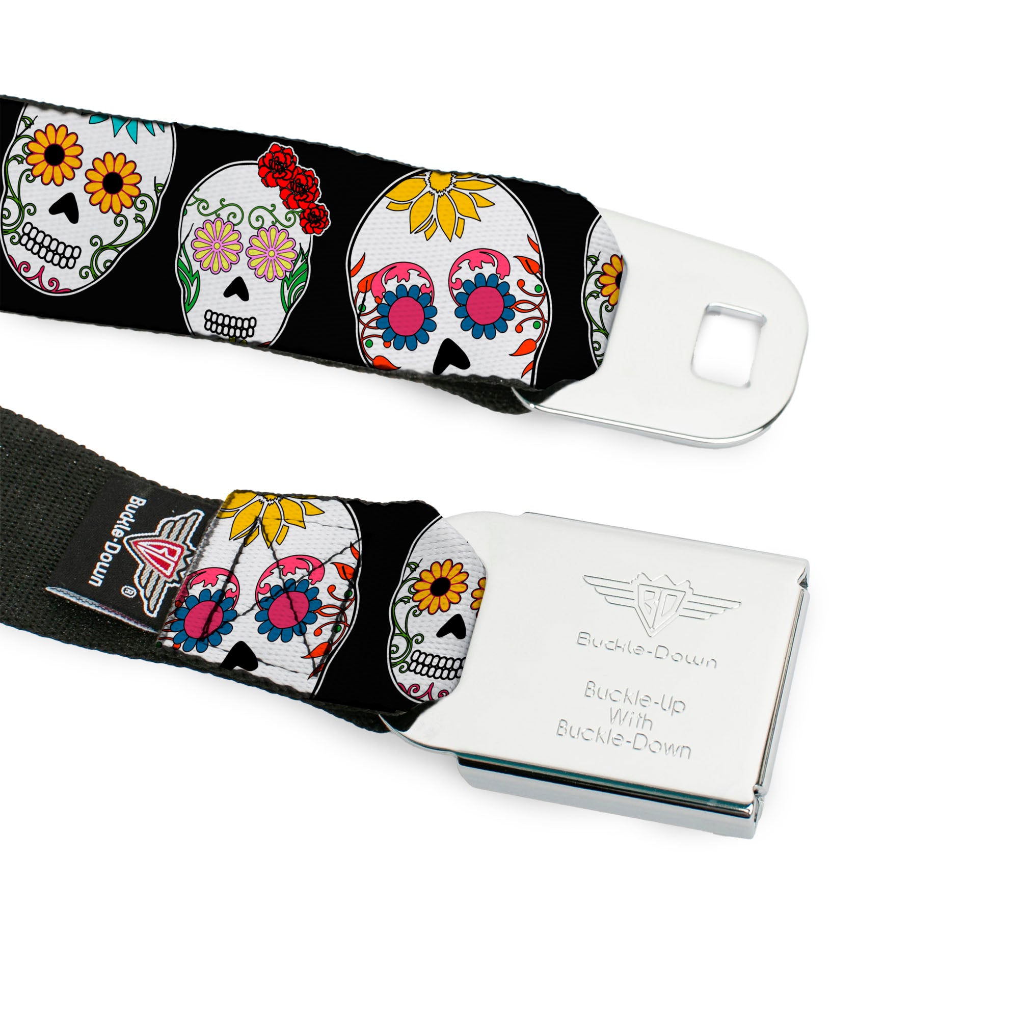 BD Wings Logo CLOSE-UP Full Color Black Silver Seatbelt Belt - Sugar Skull Outline Black/Multi Color Webbing Seatbelt Belts Buckle-Down