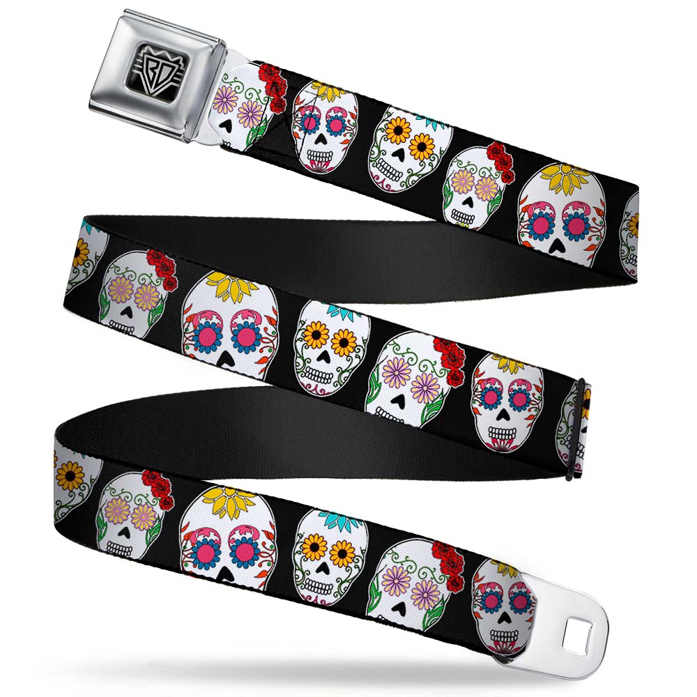 BD Wings Logo CLOSE-UP Full Color Black Silver Seatbelt Belt - Sugar Skull Outline Black/Multi Color Webbing Seatbelt Belts Buckle-Down
