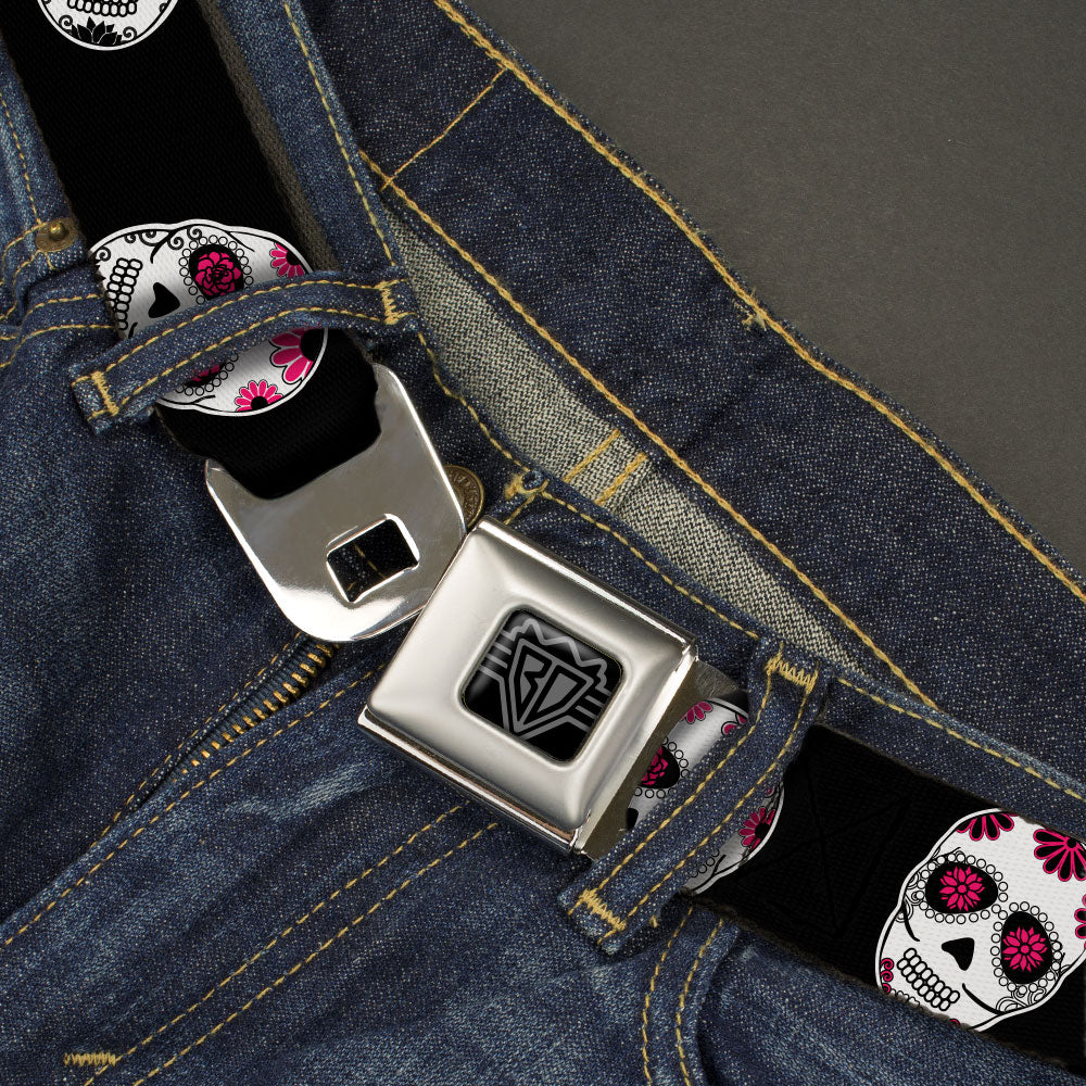 BD Wings Logo CLOSE-UP Black/Silver Seatbelt Belt - Sugar Skulls Scattered Black/White/Fuchsia Webbing Seatbelt Belts Buckle-Down