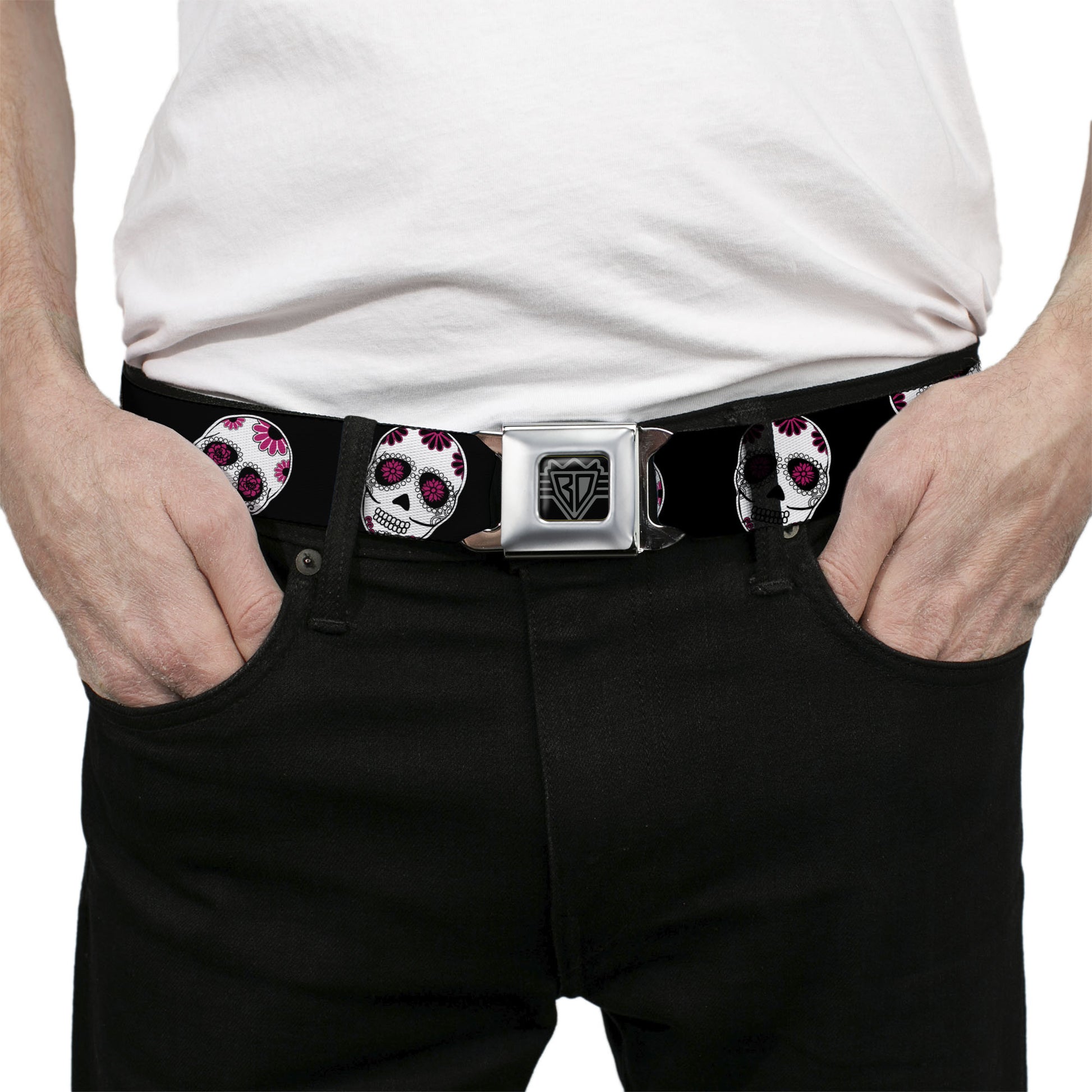 BD Wings Logo CLOSE-UP Black/Silver Seatbelt Belt - Sugar Skulls Scattered Black/White/Fuchsia Webbing Seatbelt Belts Buckle-Down