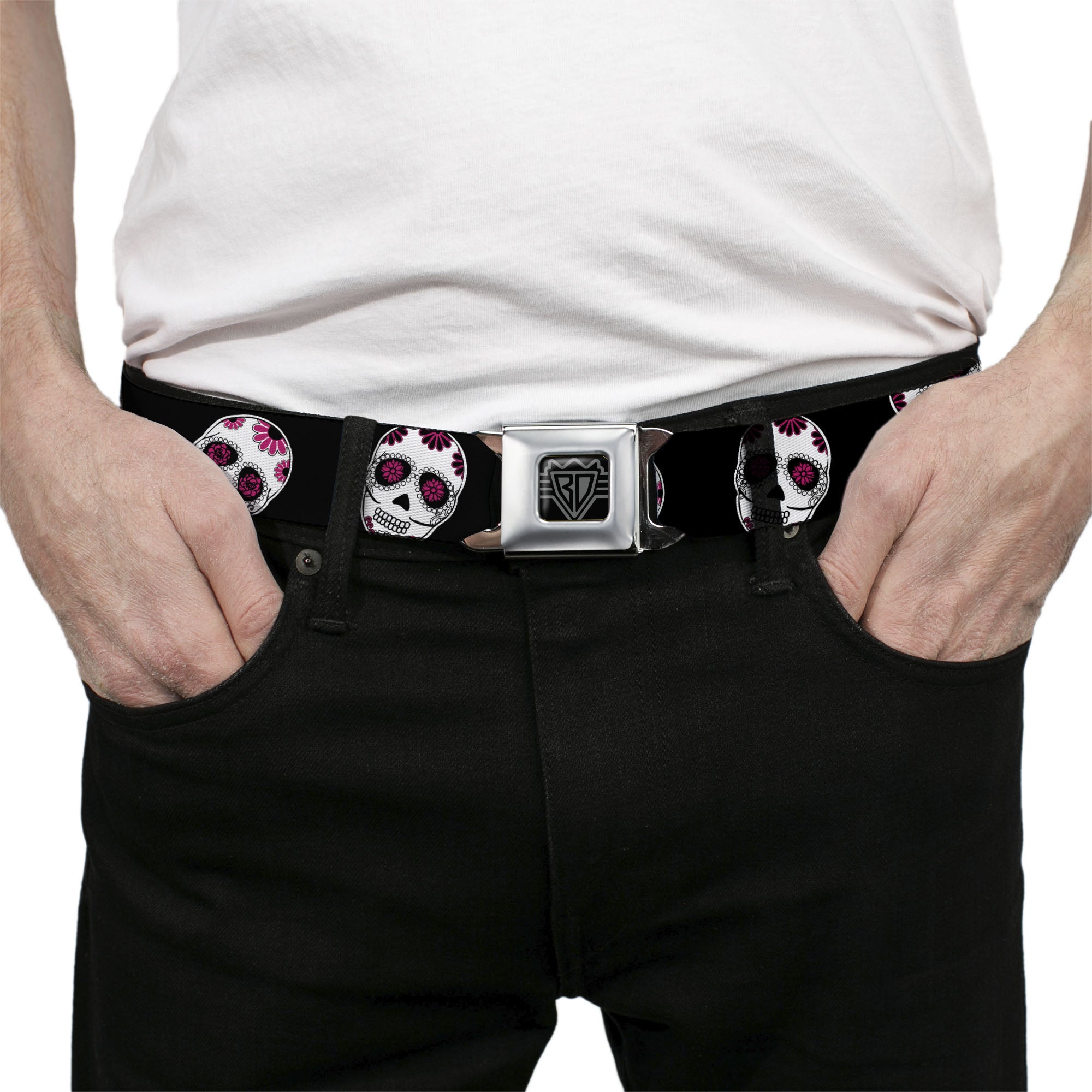 BD Wings Logo CLOSE-UP Black/Silver Seatbelt Belt - Sugar Skulls Scattered Black/White/Fuchsia Webbing Seatbelt Belts Buckle-Down