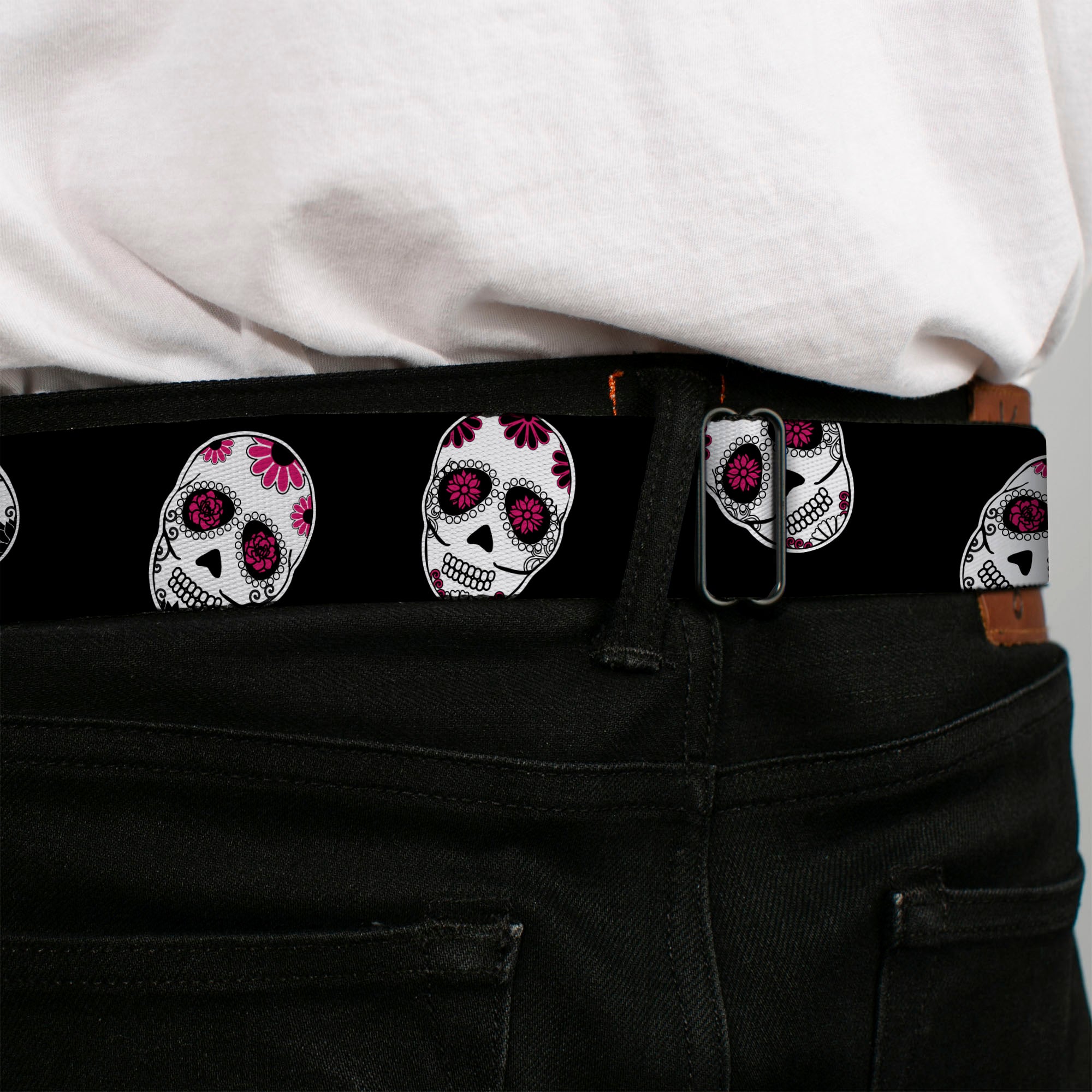 BD Wings Logo CLOSE-UP Black/Silver Seatbelt Belt - Sugar Skulls Scattered Black/White/Fuchsia Webbing Seatbelt Belts Buckle-Down