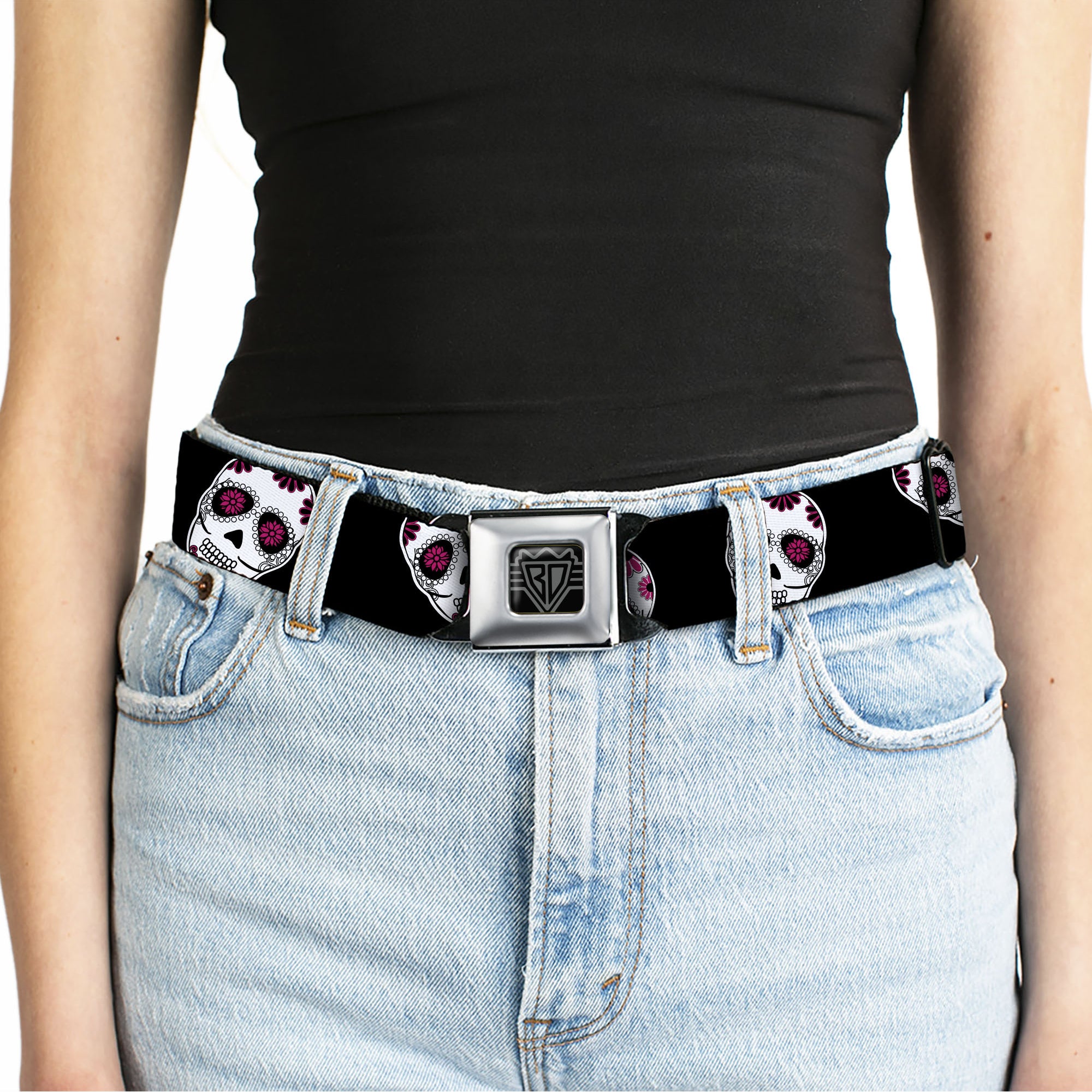BD Wings Logo CLOSE-UP Black/Silver Seatbelt Belt - Sugar Skulls Scattered Black/White/Fuchsia Webbing Seatbelt Belts Buckle-Down