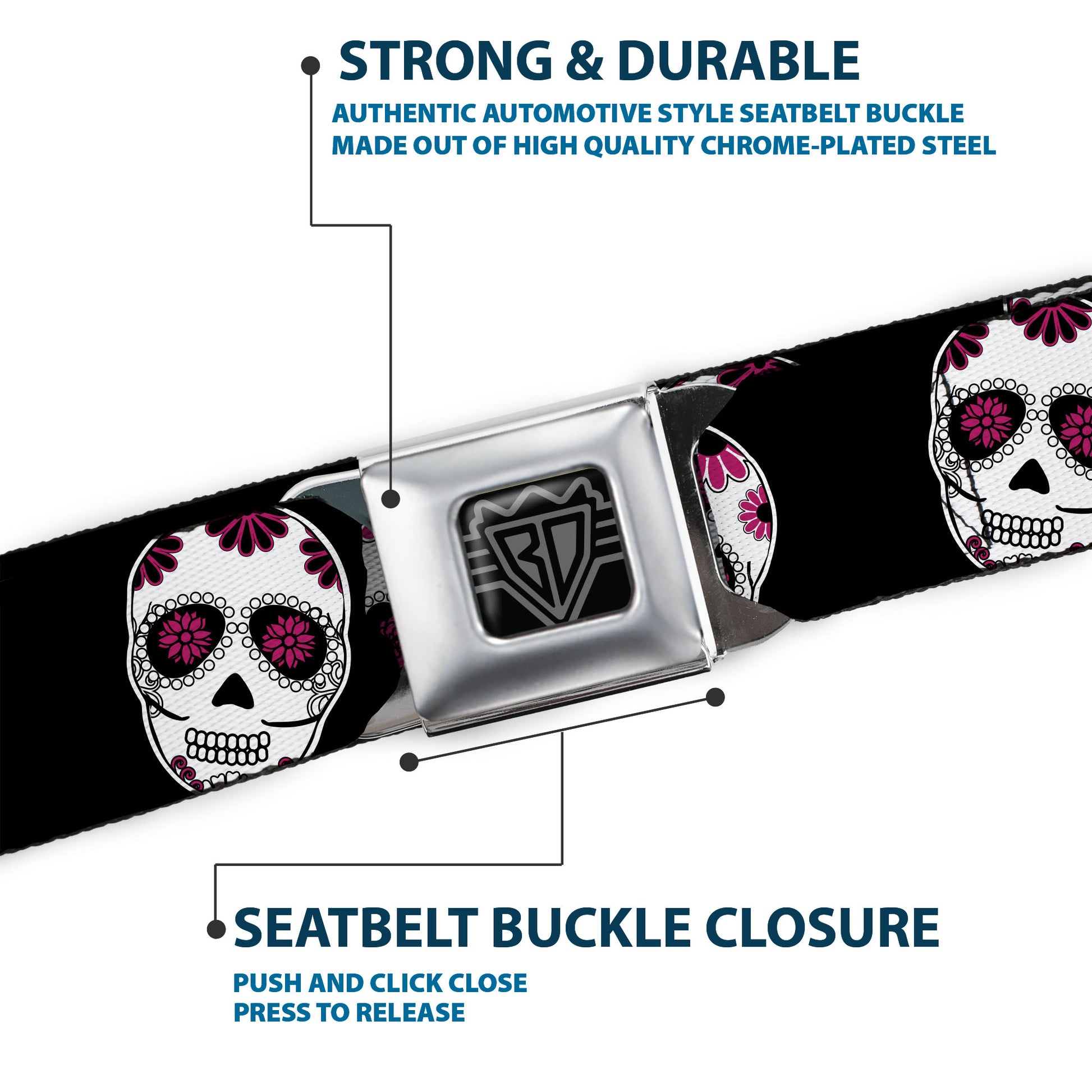 BD Wings Logo CLOSE-UP Black/Silver Seatbelt Belt - Sugar Skulls Scattered Black/White/Fuchsia Webbing Seatbelt Belts Buckle-Down