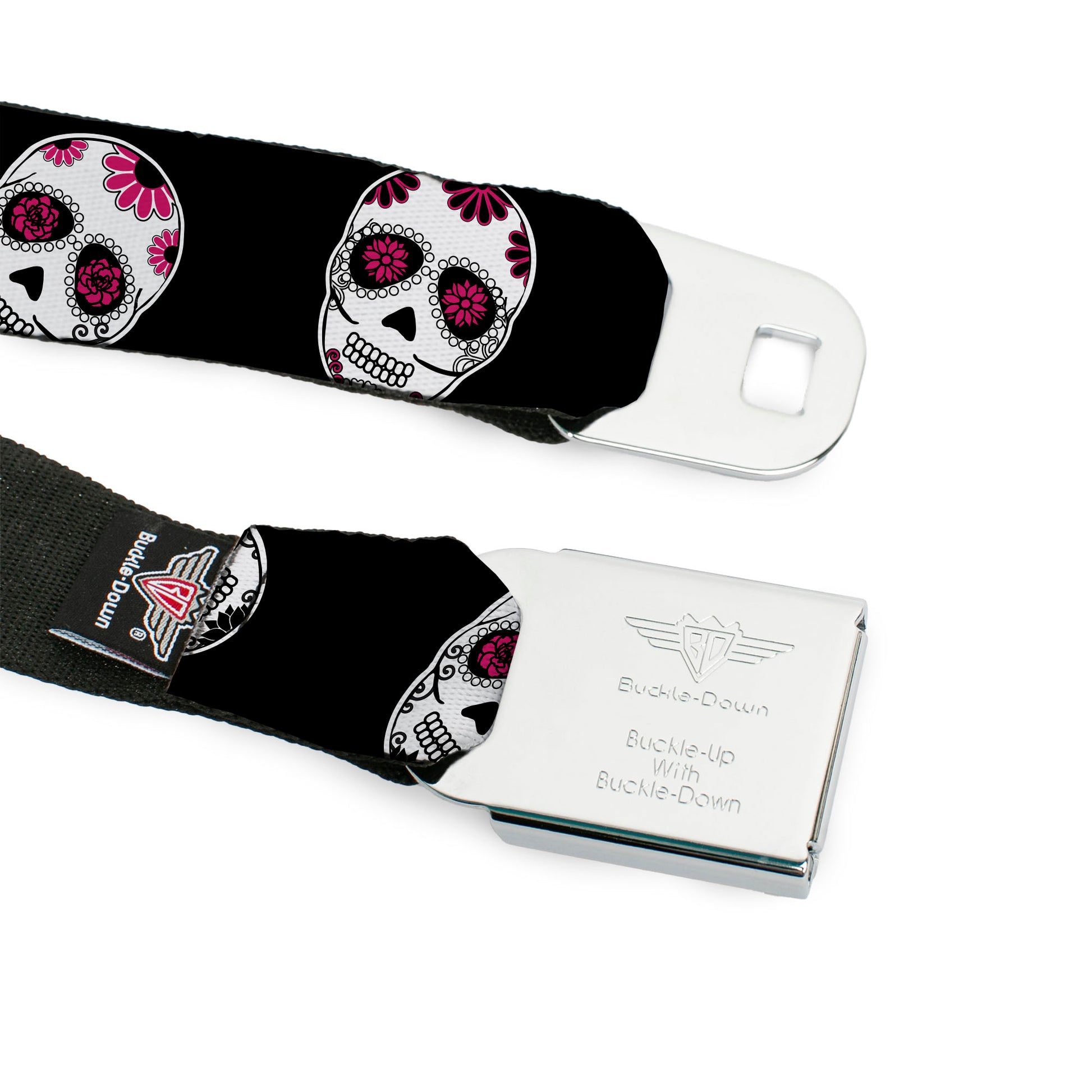BD Wings Logo CLOSE-UP Black/Silver Seatbelt Belt - Sugar Skulls Scattered Black/White/Fuchsia Webbing Seatbelt Belts Buckle-Down