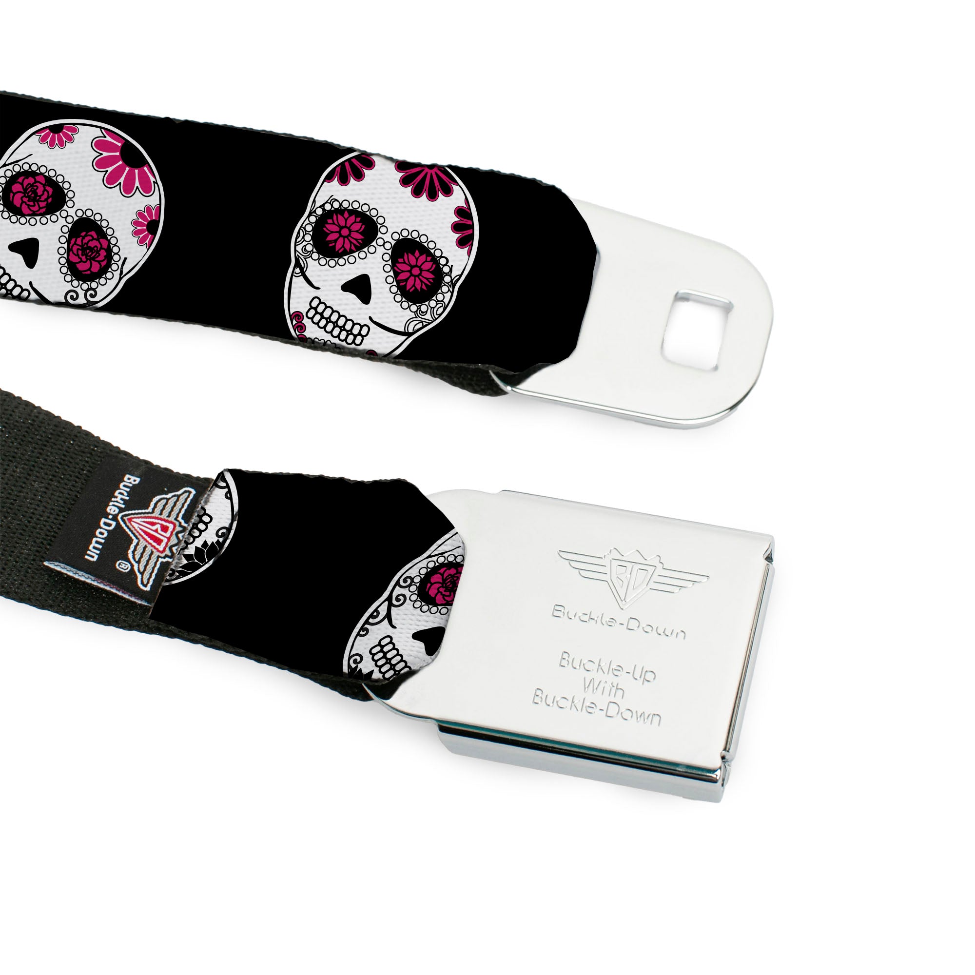 BD Wings Logo CLOSE-UP Black/Silver Seatbelt Belt - Sugar Skulls Scattered Black/White/Fuchsia Webbing Seatbelt Belts Buckle-Down