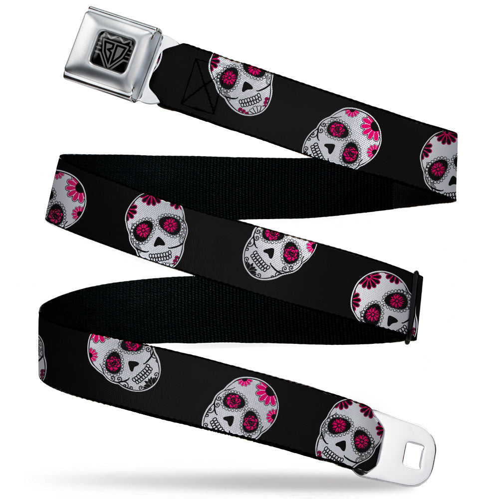 BD Wings Logo CLOSE-UP Black/Silver Seatbelt Belt - Sugar Skulls Scattered Black/White/Fuchsia Webbing Seatbelt Belts Buckle-Down