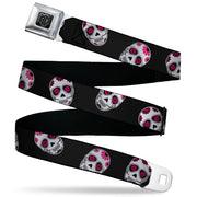 BD Wings Logo CLOSE-UP Black/Silver Seatbelt Belt - Sugar Skulls Scattered Black/White/Fuchsia Webbing Seatbelt Belts Buckle-Down