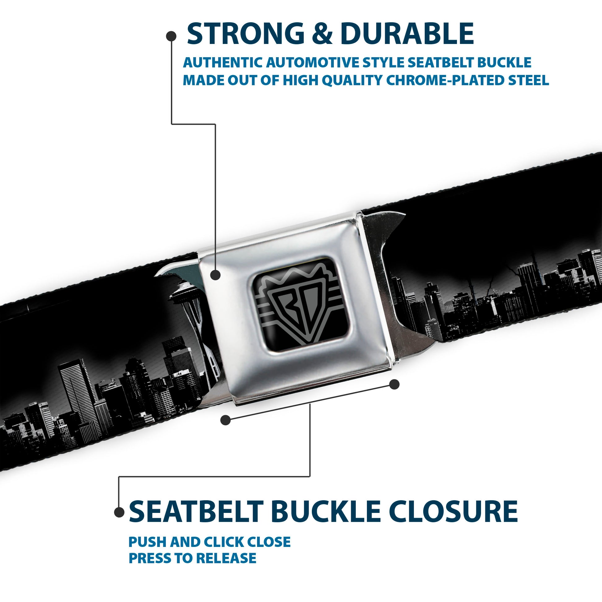 BD Wings Logo CLOSE-UP Full Color Black Silver Seatbelt Belt - Seattle Vivid Skyline Black/White Webbing Seatbelt Belts Buckle-Down