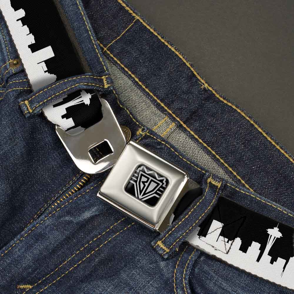 BD Wings Logo CLOSE-UP Full Color Black Silver Seatbelt Belt - Seattle Solid Skyline Black/White Webbing Seatbelt Belts Buckle-Down