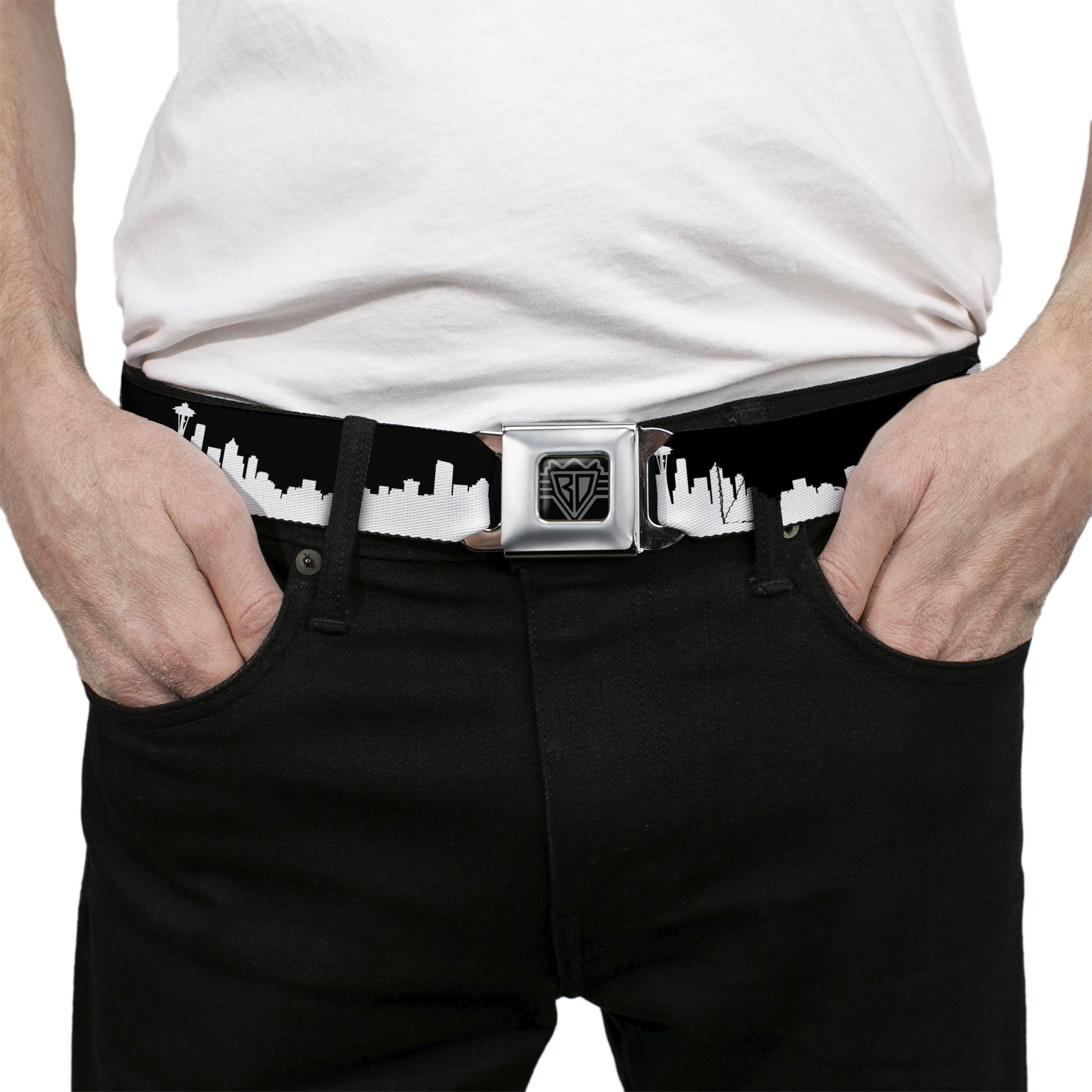 BD Wings Logo CLOSE-UP Full Color Black Silver Seatbelt Belt - Seattle Solid Skyline Black/White Webbing Seatbelt Belts Buckle-Down
