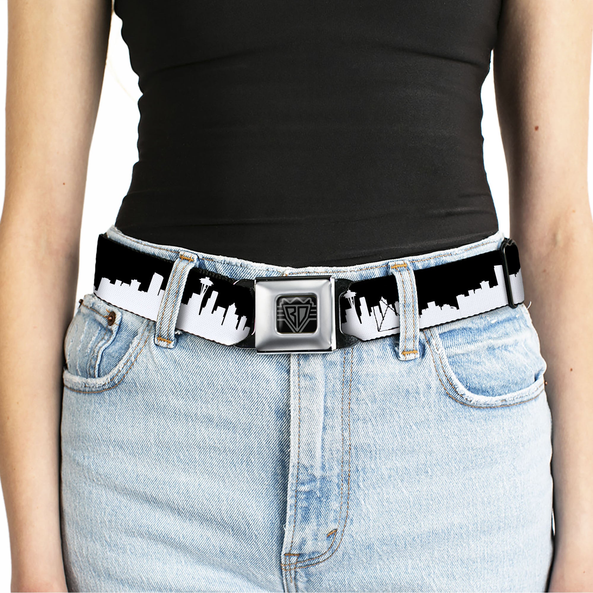BD Wings Logo CLOSE-UP Full Color Black Silver Seatbelt Belt - Seattle Solid Skyline Black/White Webbing Seatbelt Belts Buckle-Down