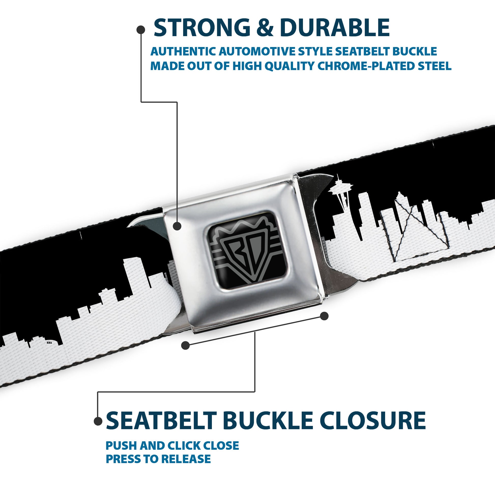 BD Wings Logo CLOSE-UP Full Color Black Silver Seatbelt Belt - Seattle Solid Skyline Black/White Webbing Seatbelt Belts Buckle-Down
