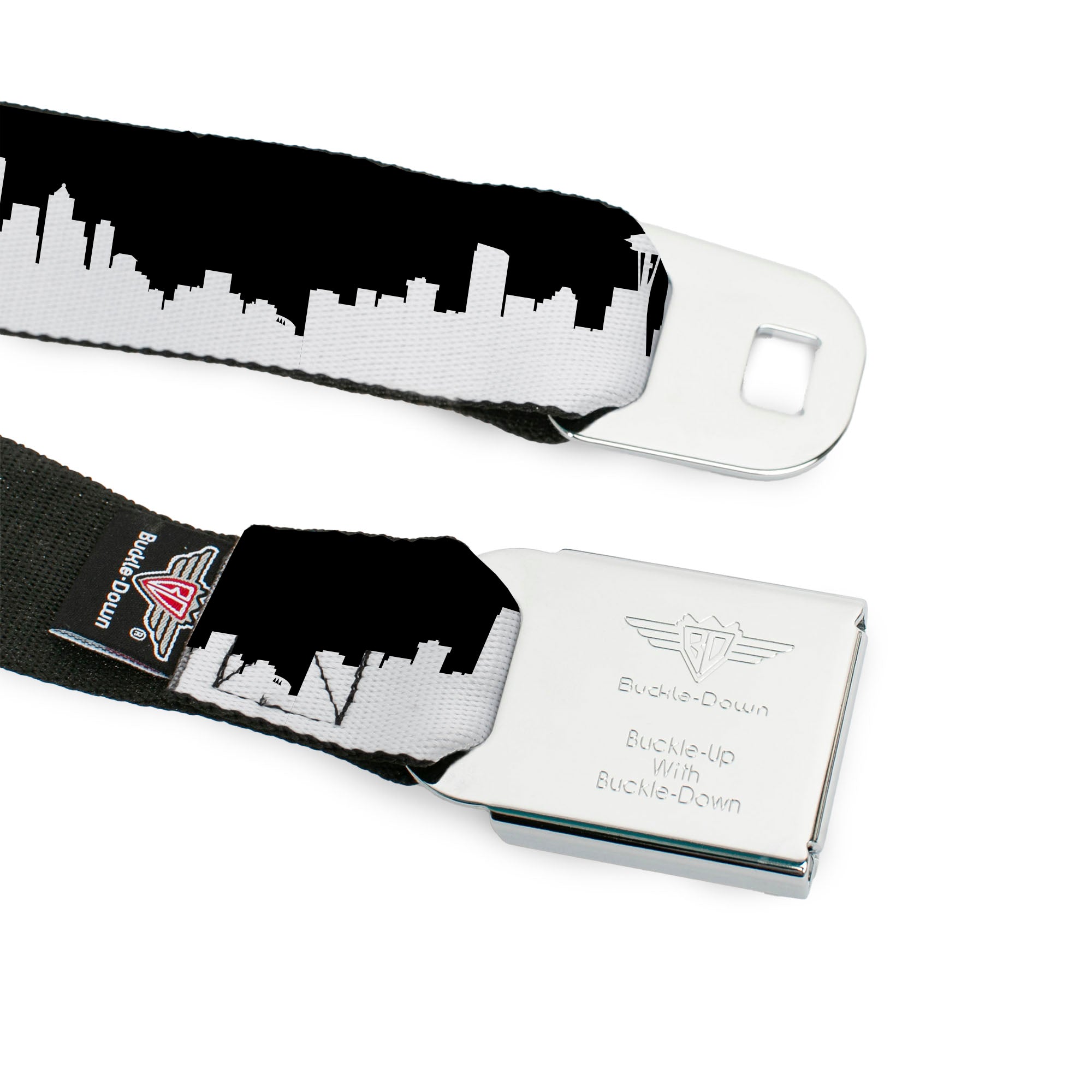 BD Wings Logo CLOSE-UP Full Color Black Silver Seatbelt Belt - Seattle Solid Skyline Black/White Webbing Seatbelt Belts Buckle-Down