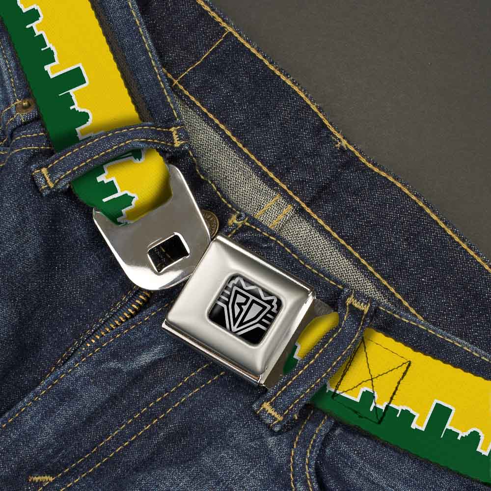 BD Wings Logo CLOSE-UP Full Color Black Silver Seatbelt Belt - Seattle Skyline Yellow/Emerald Green Webbing Seatbelt Belts Buckle-Down