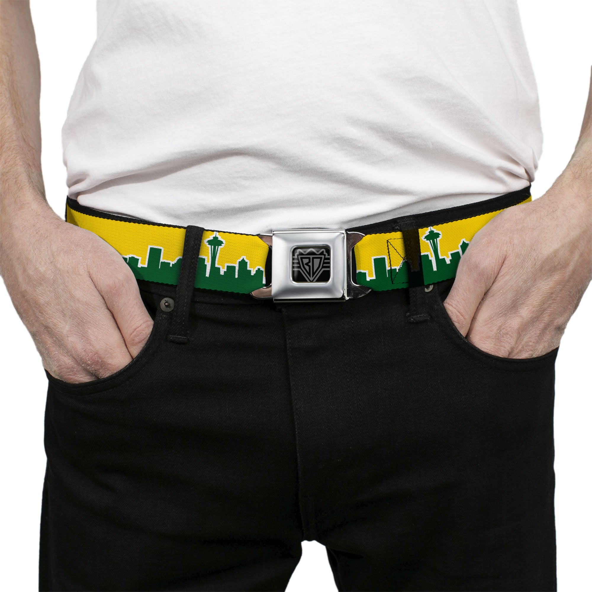 BD Wings Logo CLOSE-UP Full Color Black Silver Seatbelt Belt - Seattle Skyline Yellow/Emerald Green Webbing Seatbelt Belts Buckle-Down