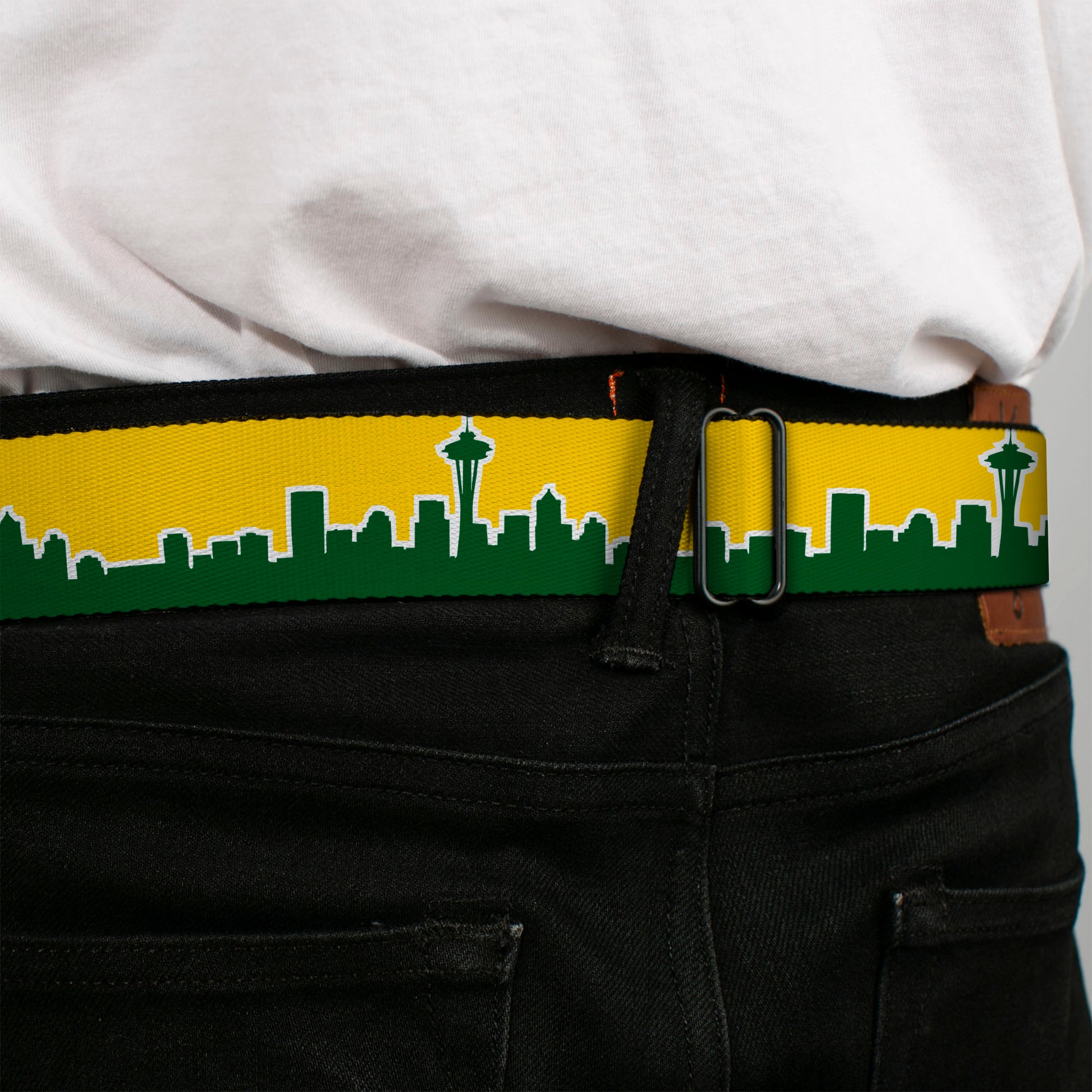 BD Wings Logo CLOSE-UP Full Color Black Silver Seatbelt Belt - Seattle Skyline Yellow/Emerald Green Webbing Seatbelt Belts Buckle-Down