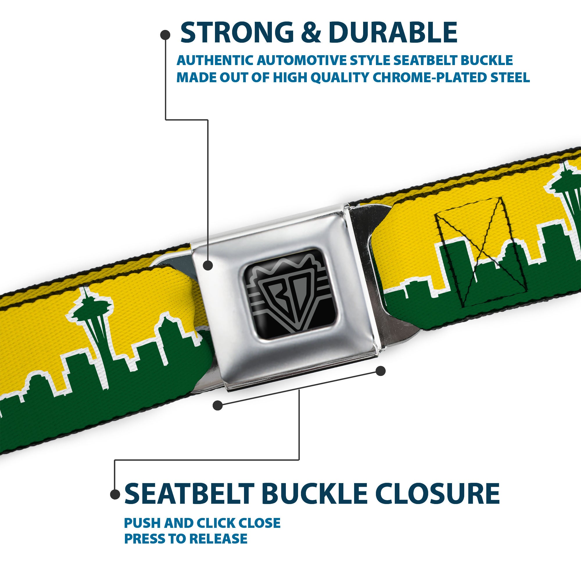 BD Wings Logo CLOSE-UP Full Color Black Silver Seatbelt Belt - Seattle Skyline Yellow/Emerald Green Webbing Seatbelt Belts Buckle-Down