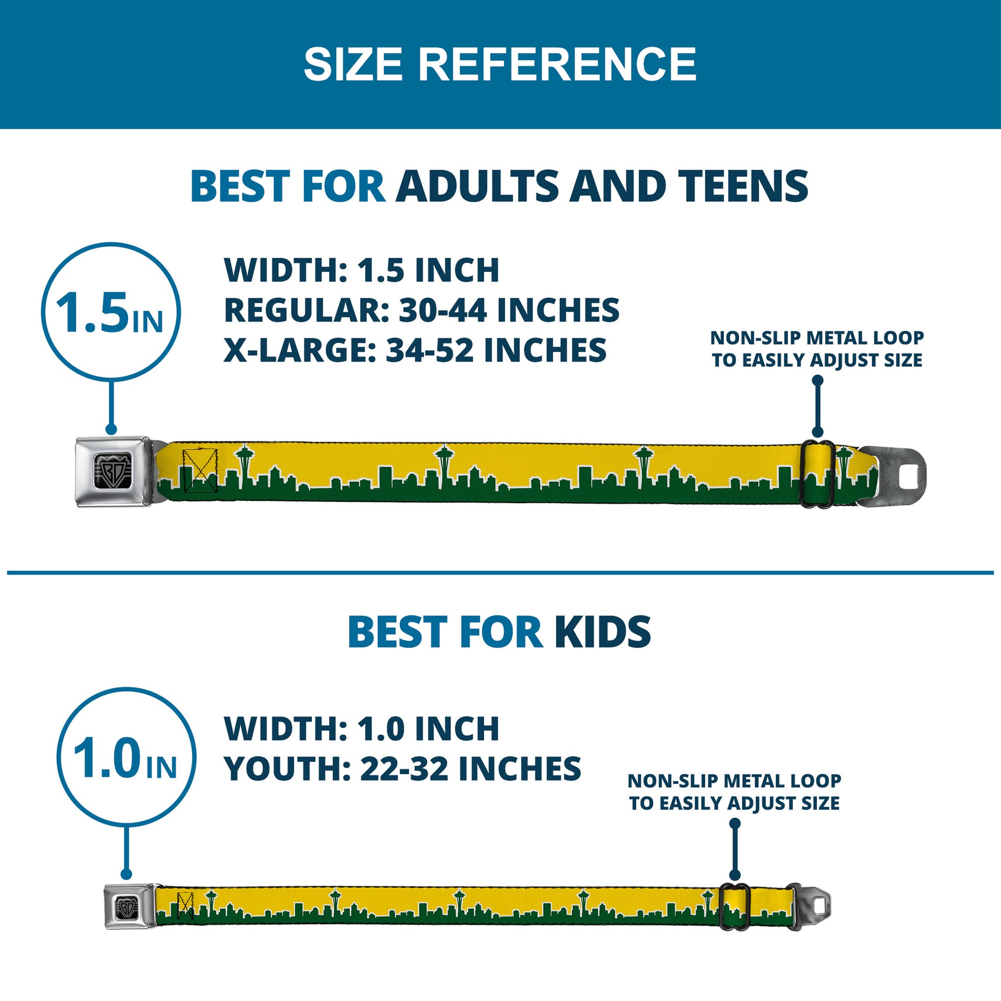 BD Wings Logo CLOSE-UP Full Color Black Silver Seatbelt Belt - Seattle Skyline Yellow/Emerald Green Webbing Seatbelt Belts Buckle-Down