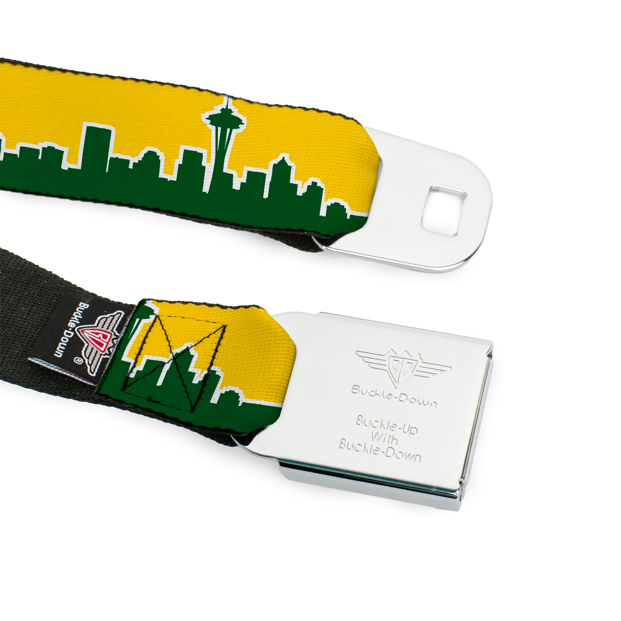 BD Wings Logo CLOSE-UP Full Color Black Silver Seatbelt Belt - Seattle Skyline Yellow/Emerald Green Webbing Seatbelt Belts Buckle-Down