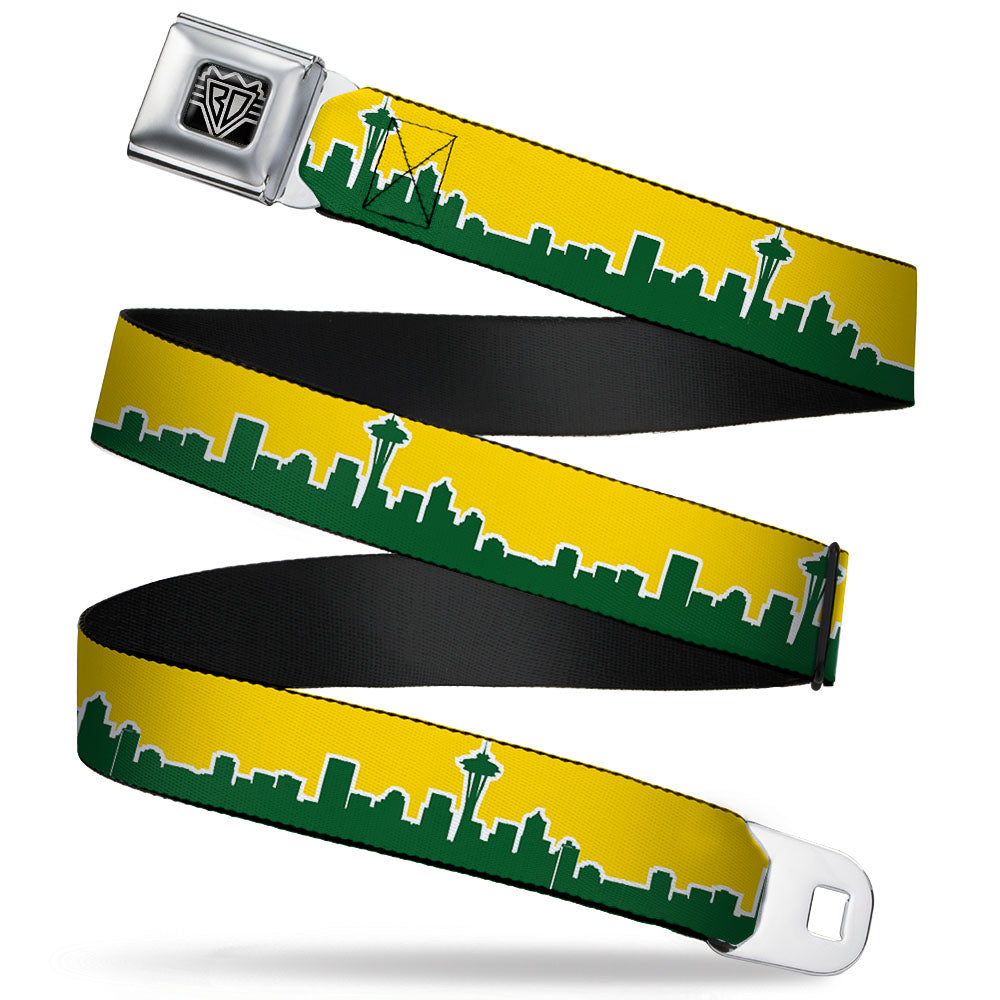 BD Wings Logo CLOSE-UP Full Color Black Silver Seatbelt Belt - Seattle Skyline Yellow/Emerald Green Webbing Seatbelt Belts Buckle-Down