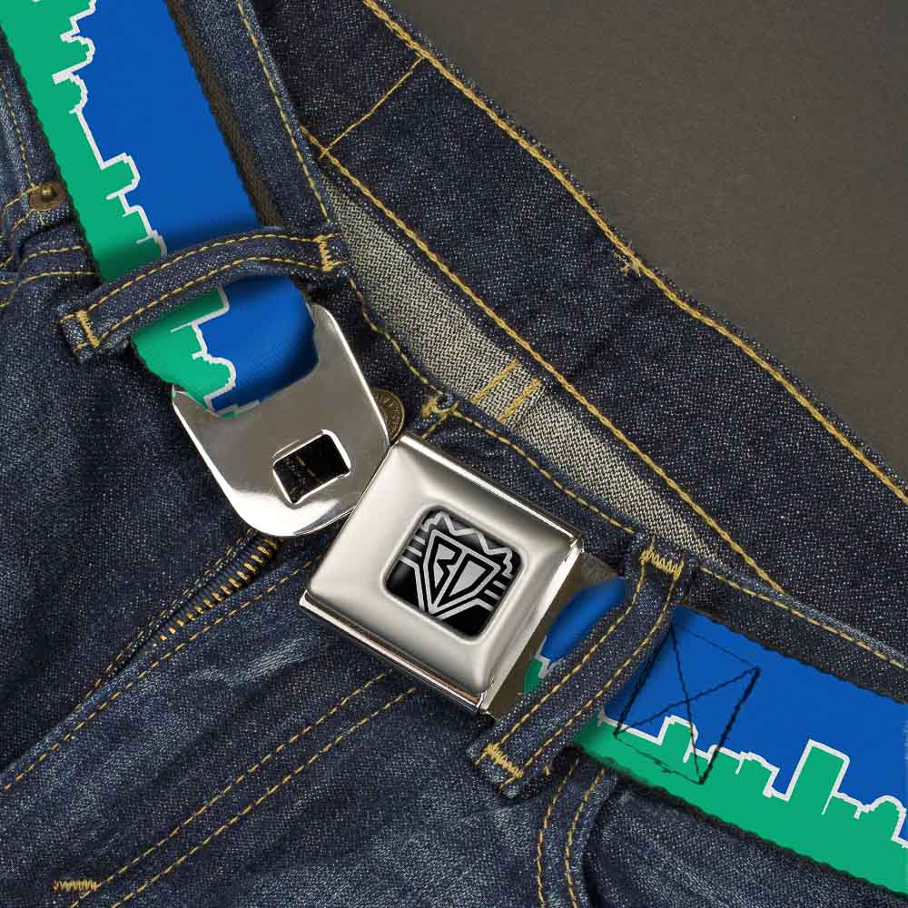 BD Wings Logo CLOSE-UP Full Color Black Silver Seatbelt Belt - Seattle Skyline Blue/Green Webbing Seatbelt Belts Buckle-Down