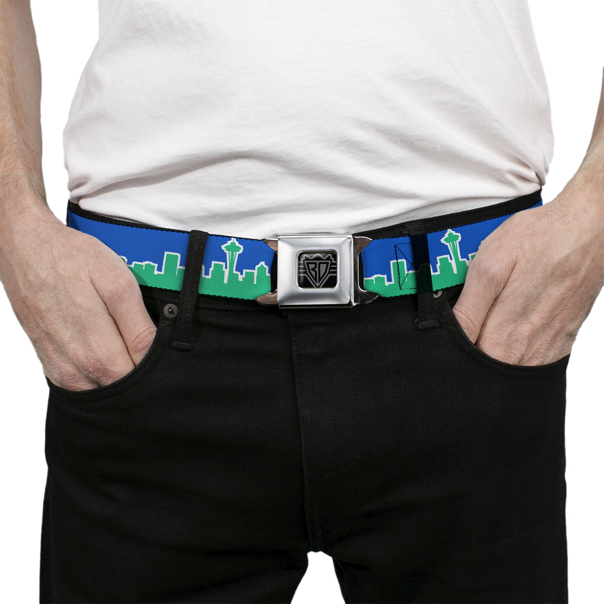 BD Wings Logo CLOSE-UP Full Color Black Silver Seatbelt Belt - Seattle Skyline Blue/Green Webbing Seatbelt Belts Buckle-Down
