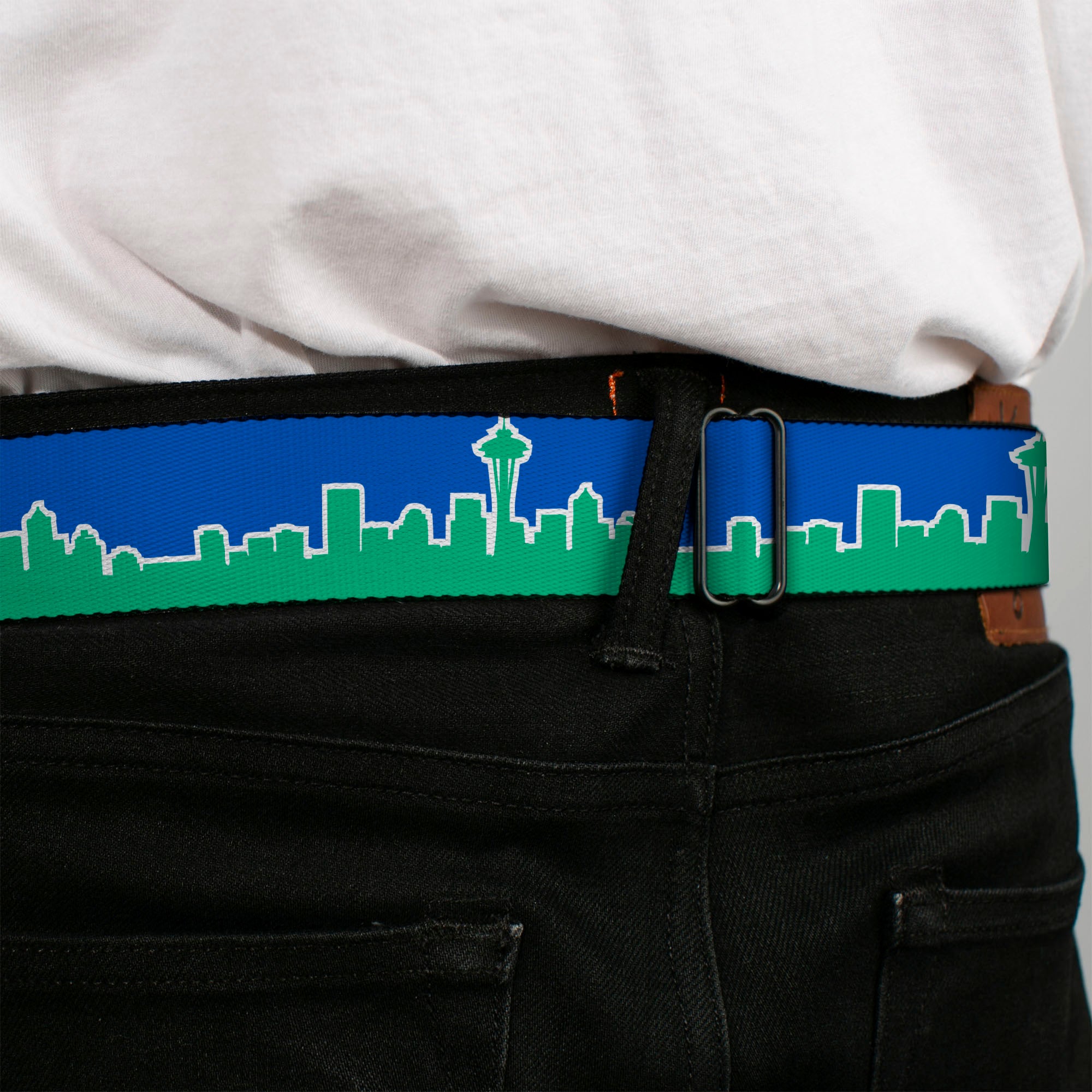 BD Wings Logo CLOSE-UP Full Color Black Silver Seatbelt Belt - Seattle Skyline Blue/Green Webbing Seatbelt Belts Buckle-Down