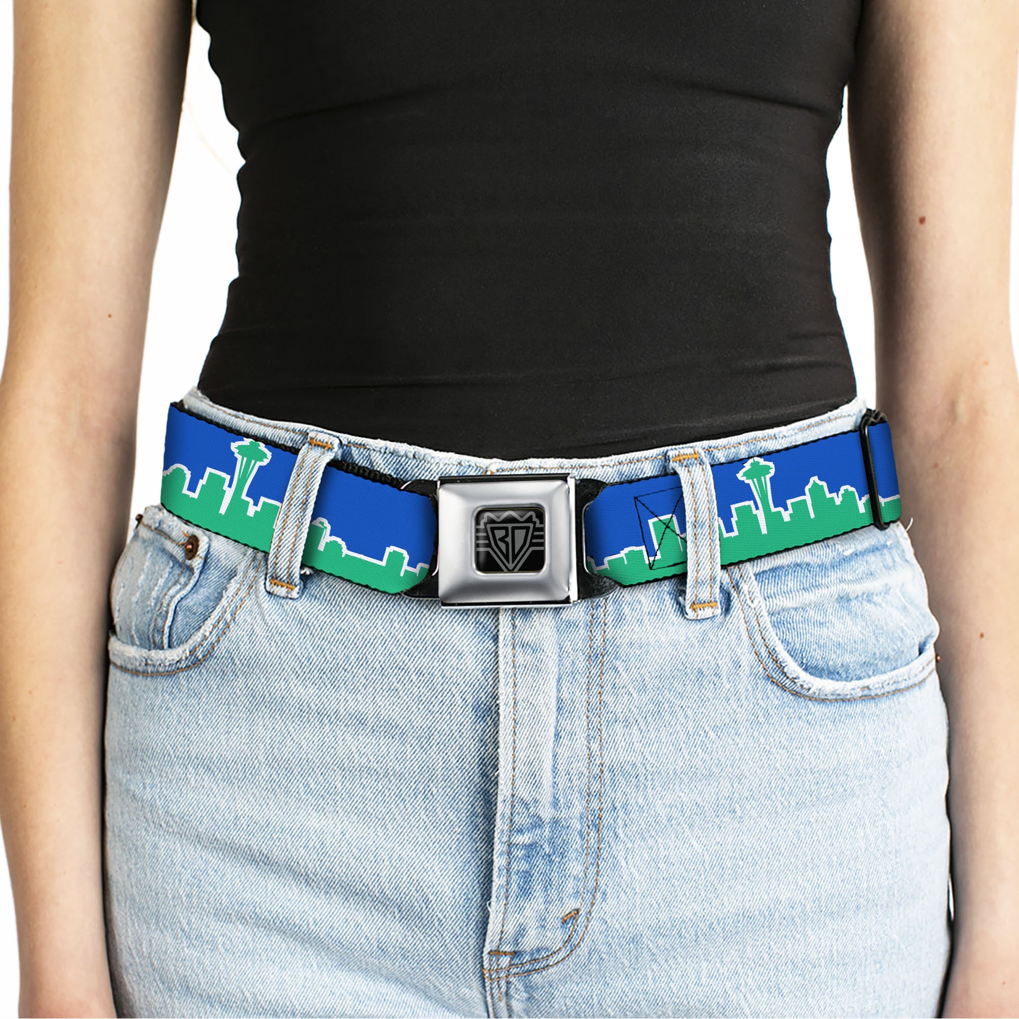 BD Wings Logo CLOSE-UP Full Color Black Silver Seatbelt Belt - Seattle Skyline Blue/Green Webbing Seatbelt Belts Buckle-Down