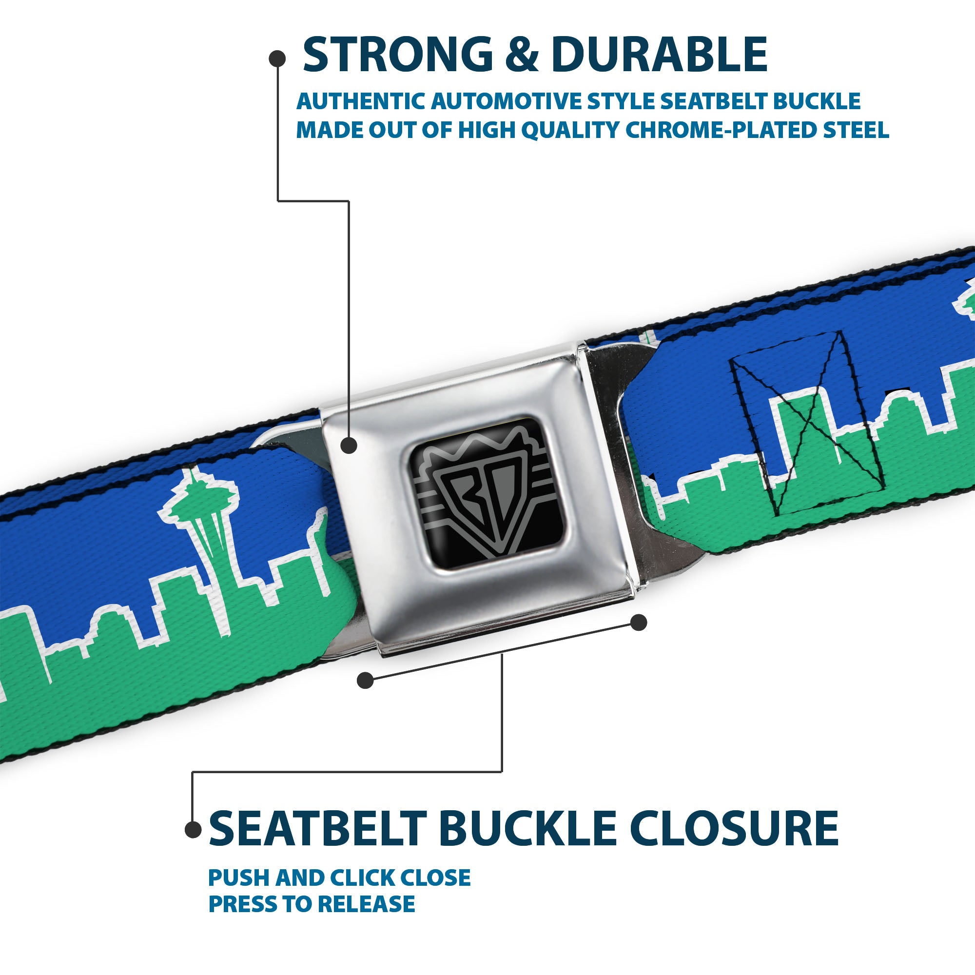BD Wings Logo CLOSE-UP Full Color Black Silver Seatbelt Belt - Seattle Skyline Blue/Green Webbing Seatbelt Belts Buckle-Down