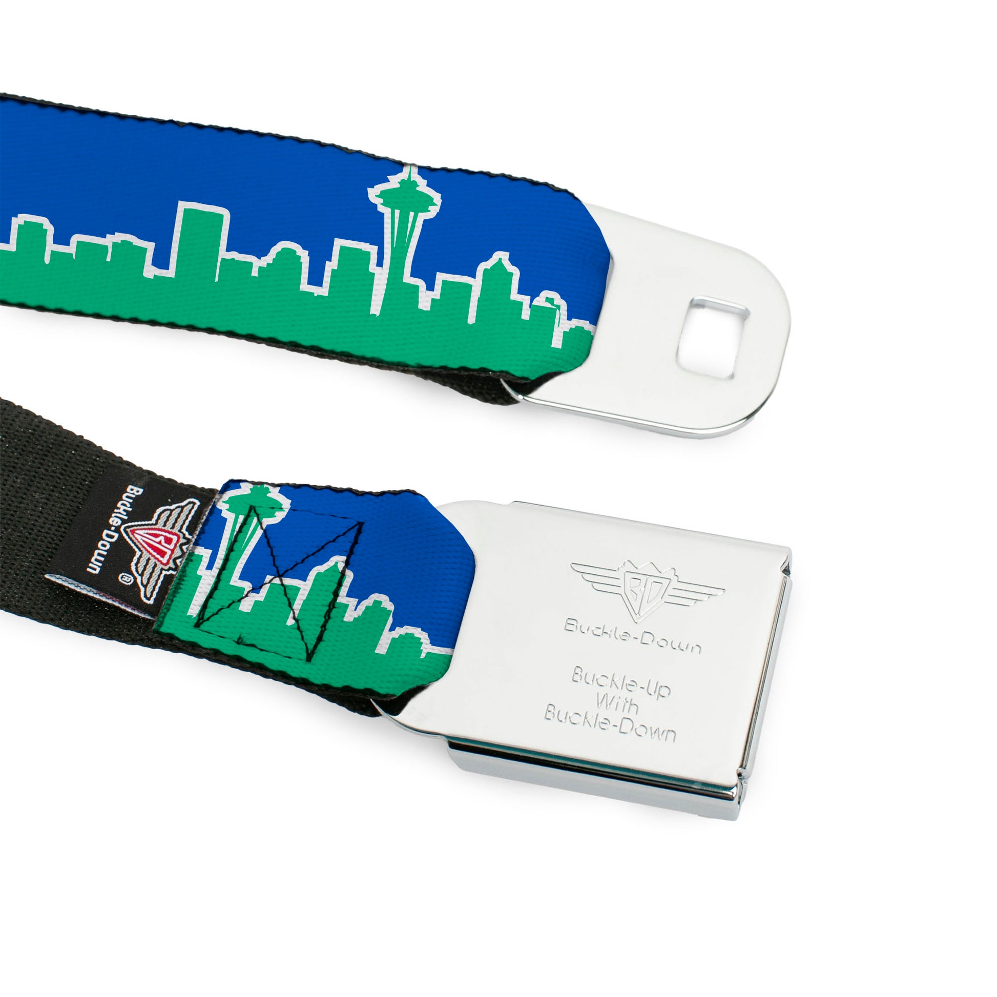 BD Wings Logo CLOSE-UP Full Color Black Silver Seatbelt Belt - Seattle Skyline Blue/Green Webbing Seatbelt Belts Buckle-Down