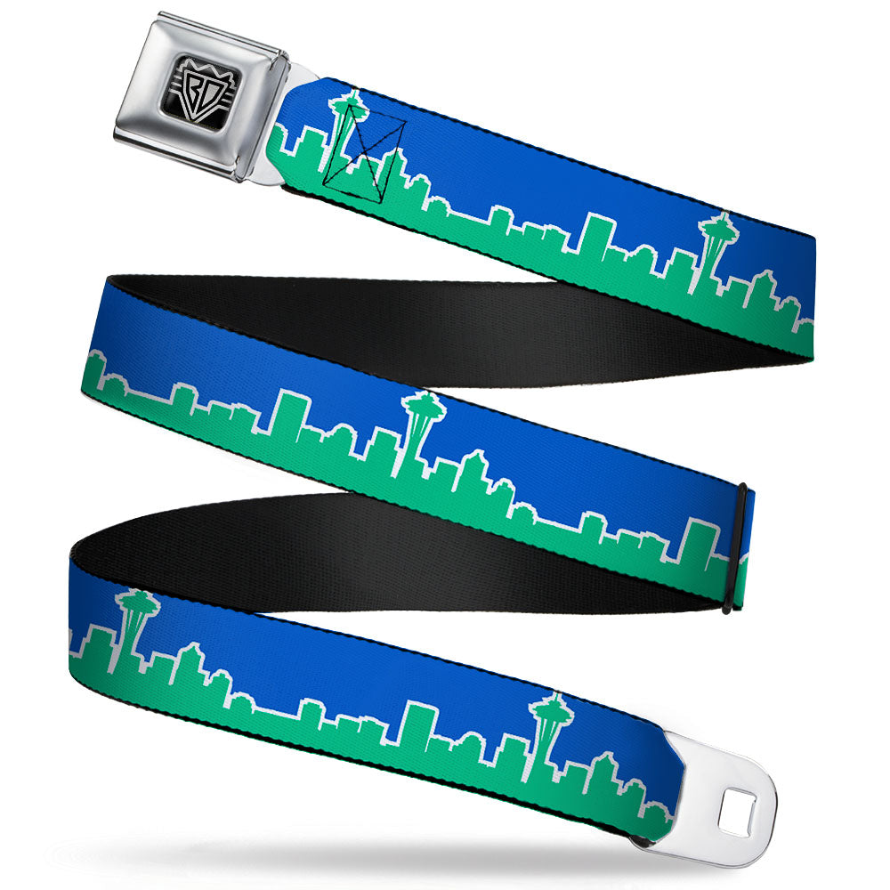 BD Wings Logo CLOSE-UP Full Color Black Silver Seatbelt Belt - Seattle Skyline Blue/Green Webbing Seatbelt Belts Buckle-Down