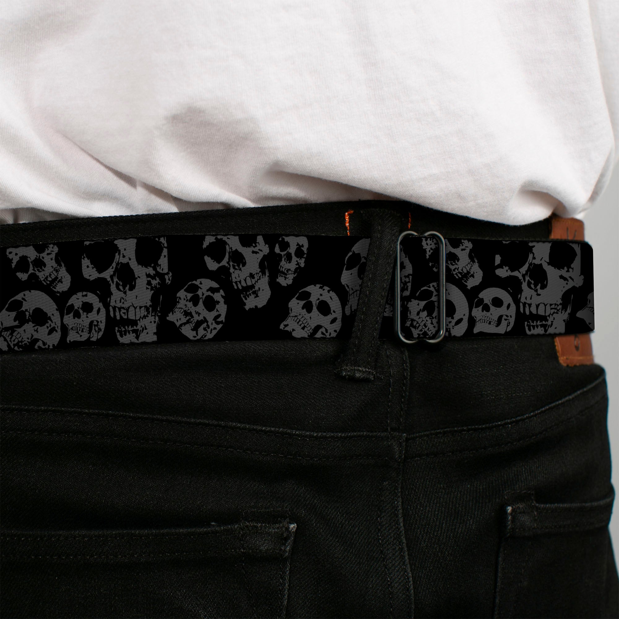 BD Wings Logo CLOSE-UP Full Color Black Silver Seatbelt Belt - Skulls Stacked Weathered Black/Gray Webbing Seatbelt Belts Buckle-Down