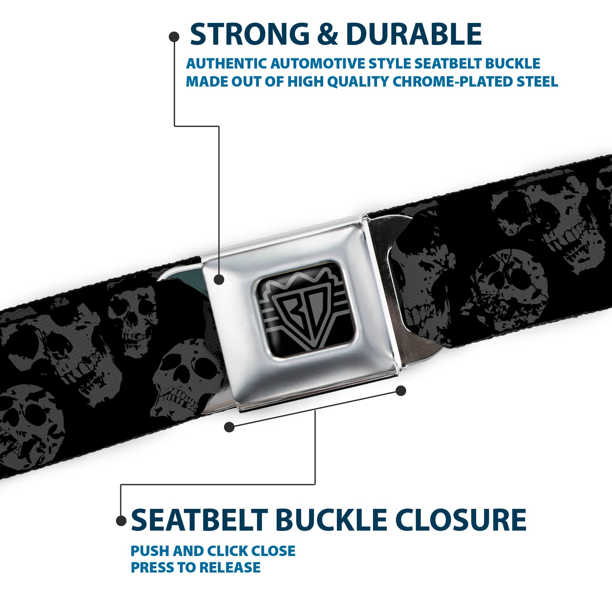 BD Wings Logo CLOSE-UP Full Color Black Silver Seatbelt Belt - Skulls Stacked Weathered Black/Gray Webbing Seatbelt Belts Buckle-Down
