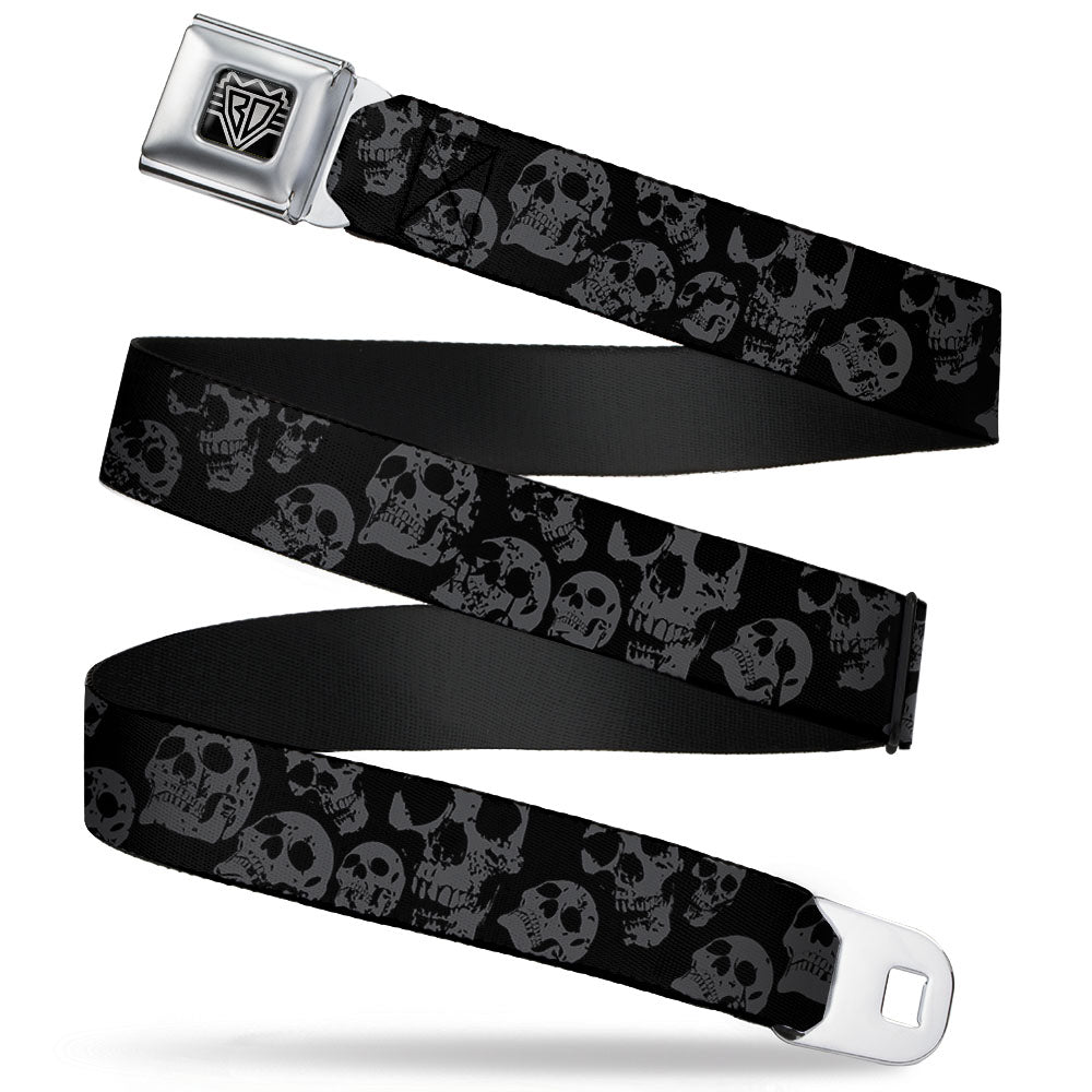 BD Wings Logo CLOSE-UP Full Color Black Silver Seatbelt Belt - Skulls Stacked Weathered Black/Gray Webbing Seatbelt Belts Buckle-Down