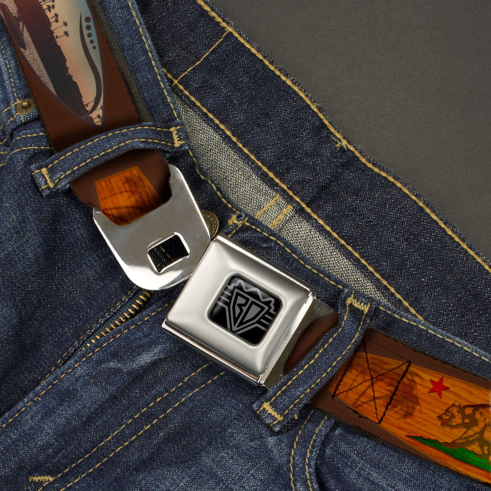 BD Wings Logo CLOSE-UP Black/Silver Seatbelt Belt - Surfboard Cali Scenes/US Flag Brown Webbing Seatbelt Belts Buckle-Down