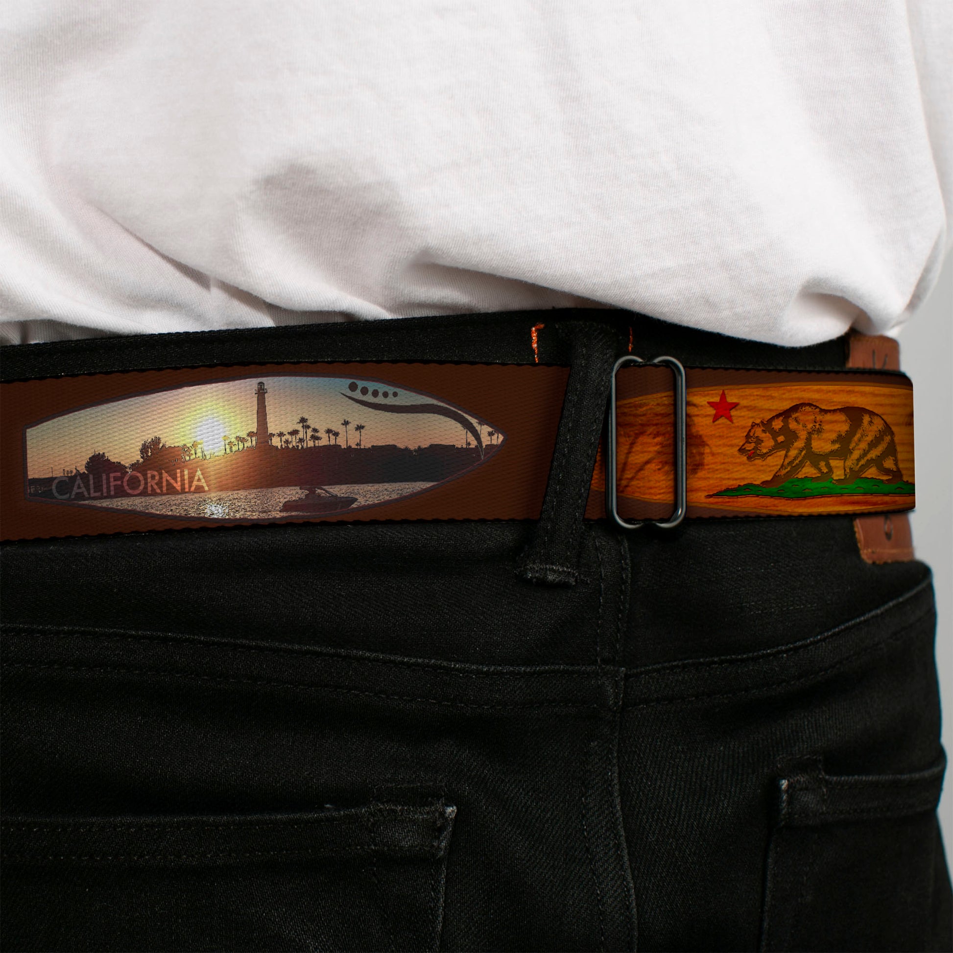 BD Wings Logo CLOSE-UP Black/Silver Seatbelt Belt - Surfboard Cali Scenes/US Flag Brown Webbing Seatbelt Belts Buckle-Down