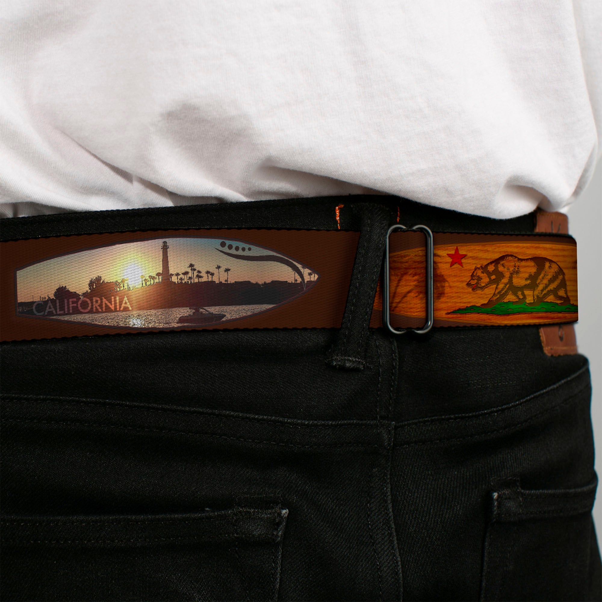 BD Wings Logo CLOSE-UP Black/Silver Seatbelt Belt - Surfboard Cali Scenes/US Flag Brown Webbing Seatbelt Belts Buckle-Down