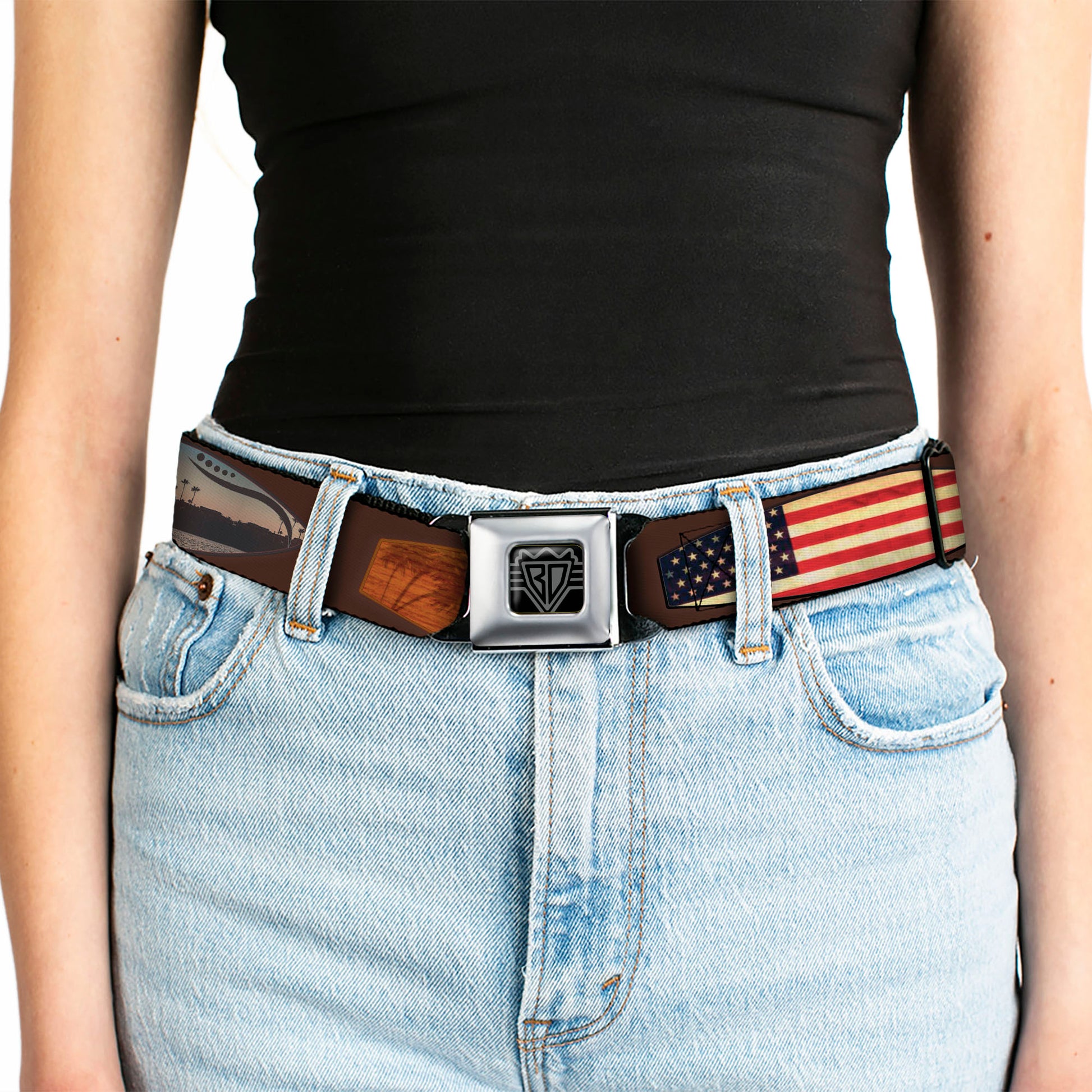 BD Wings Logo CLOSE-UP Black/Silver Seatbelt Belt - Surfboard Cali Scenes/US Flag Brown Webbing Seatbelt Belts Buckle-Down