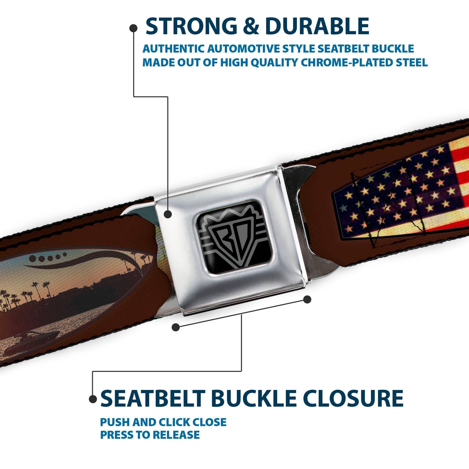 BD Wings Logo CLOSE-UP Black/Silver Seatbelt Belt - Surfboard Cali Scenes/US Flag Brown Webbing Seatbelt Belts Buckle-Down