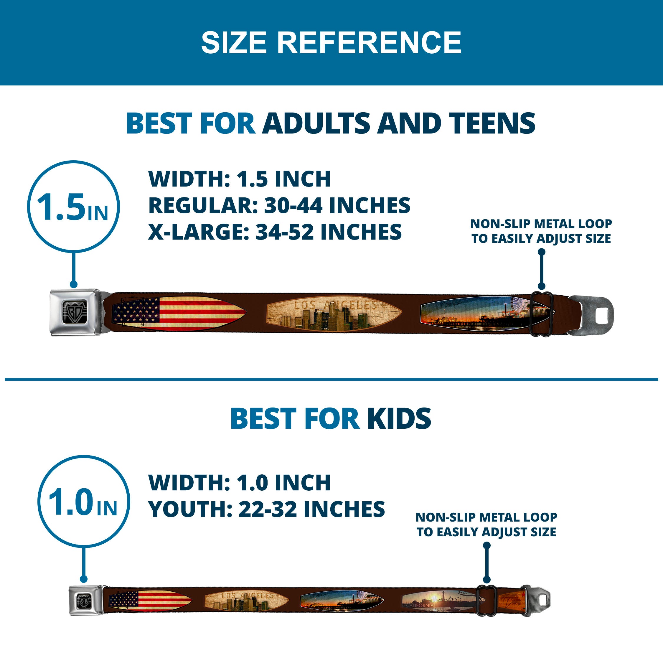 BD Wings Logo CLOSE-UP Black/Silver Seatbelt Belt - Surfboard Cali Scenes/US Flag Brown Webbing Seatbelt Belts Buckle-Down