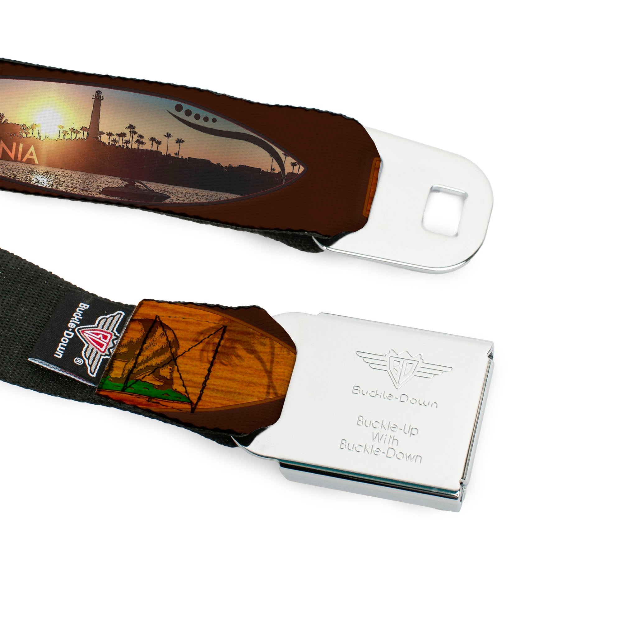 BD Wings Logo CLOSE-UP Black/Silver Seatbelt Belt - Surfboard Cali Scenes/US Flag Brown Webbing Seatbelt Belts Buckle-Down