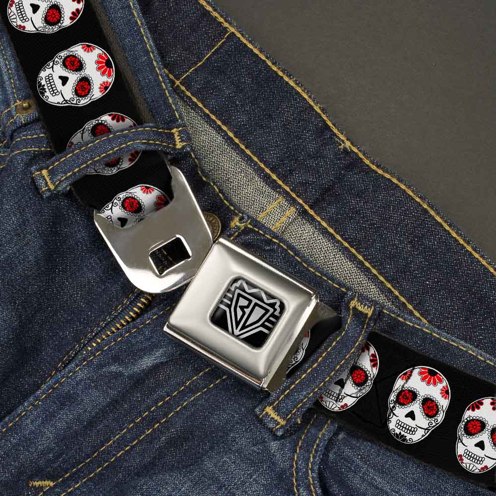 BD Wings Logo CLOSE-UP Full Color Black Silver Seatbelt Belt - Sugar Skulls Black/White/Red Webbing Seatbelt Belts Buckle-Down
