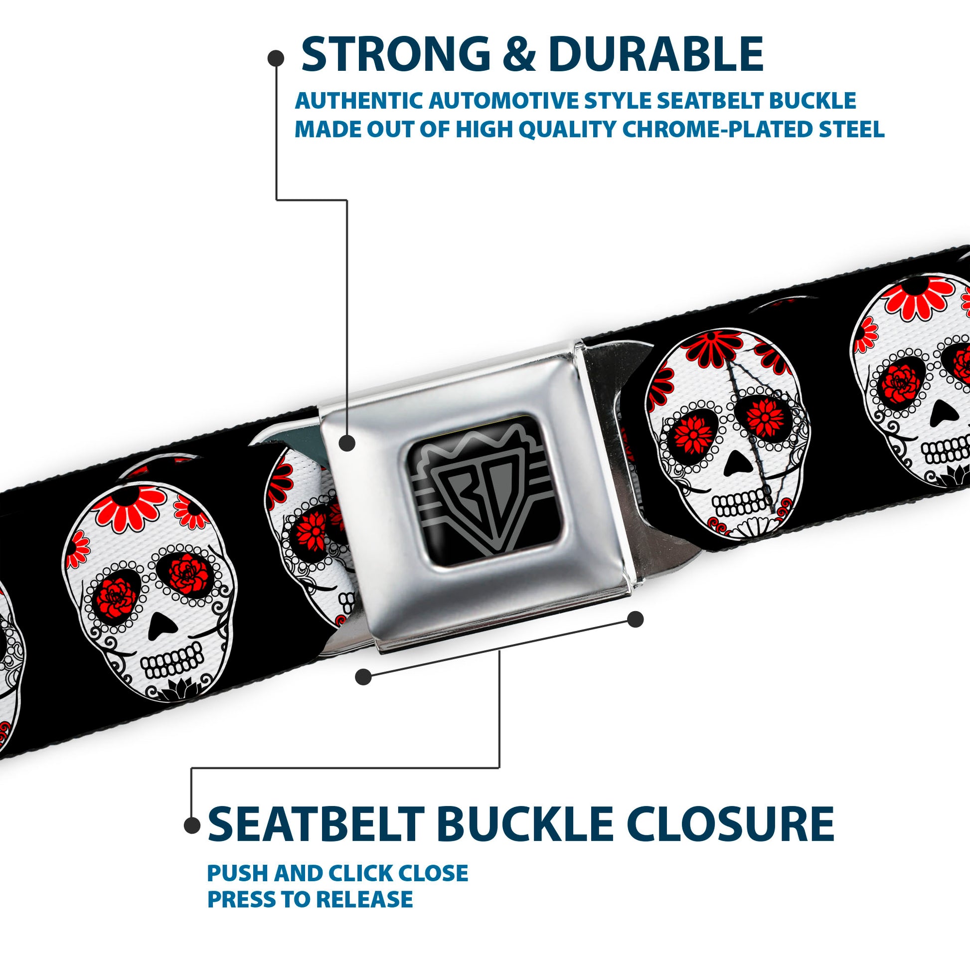BD Wings Logo CLOSE-UP Full Color Black Silver Seatbelt Belt - Sugar Skulls Black/White/Red Webbing Seatbelt Belts Buckle-Down
