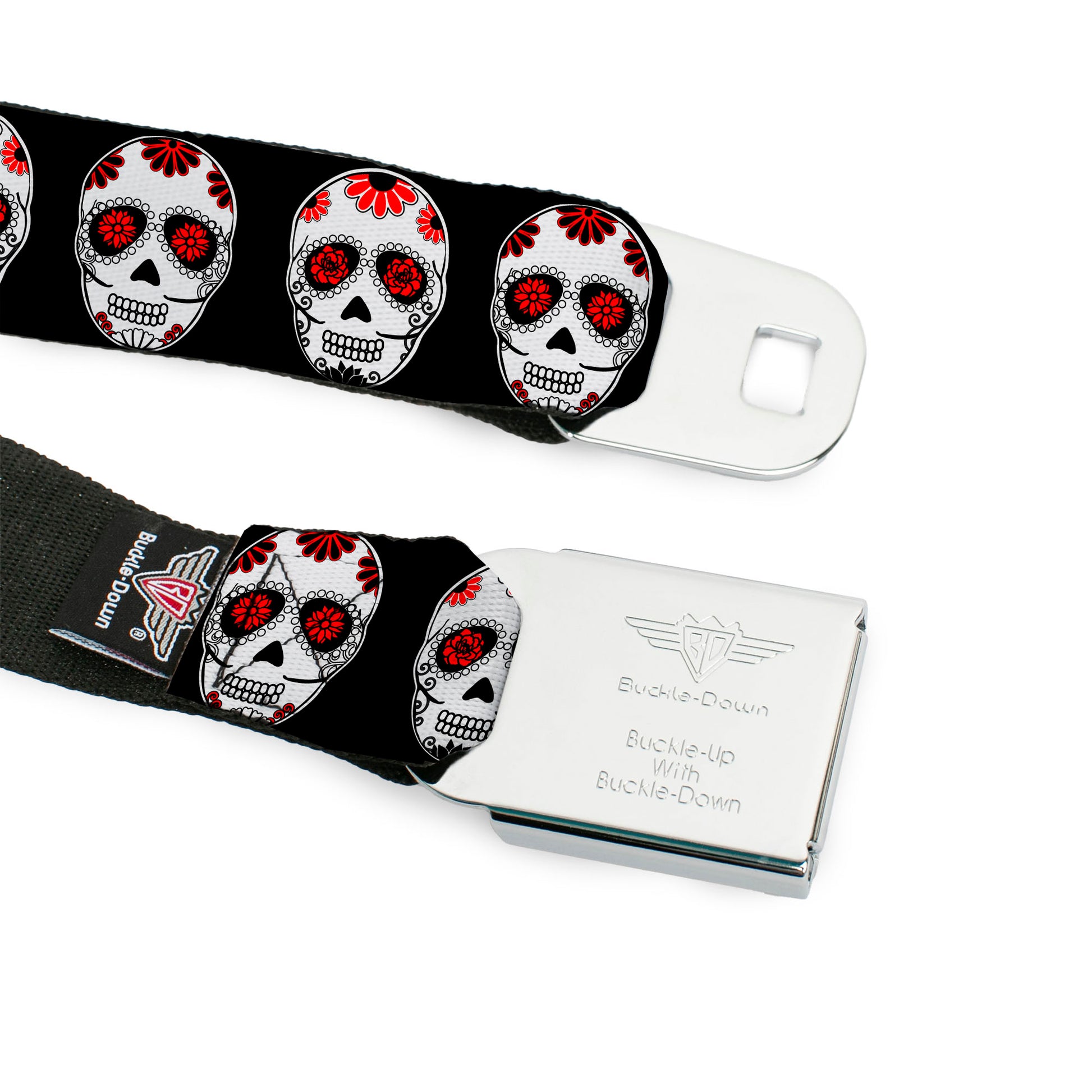 BD Wings Logo CLOSE-UP Full Color Black Silver Seatbelt Belt - Sugar Skulls Black/White/Red Webbing Seatbelt Belts Buckle-Down