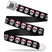 BD Wings Logo CLOSE-UP Full Color Black Silver Seatbelt Belt - Sugar Skulls Black/White/Red Webbing Seatbelt Belts Buckle-Down
